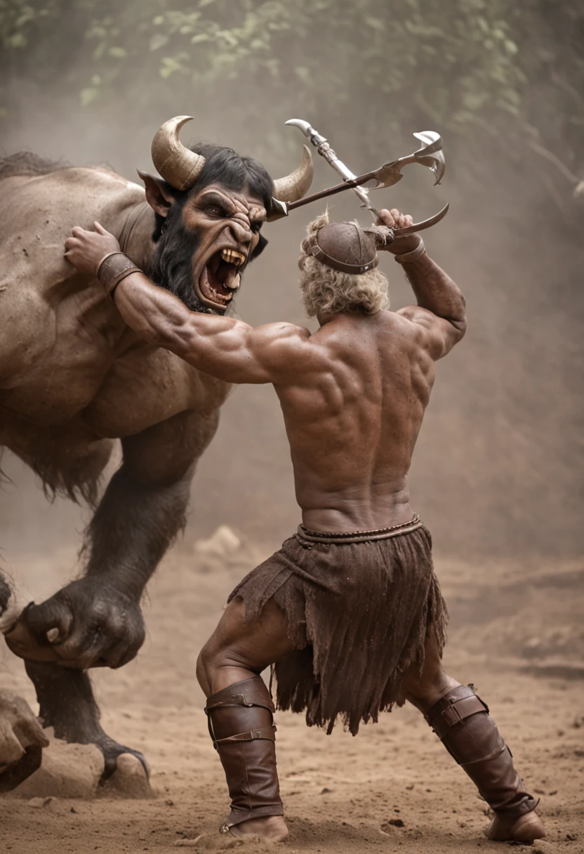 With his brave spirit, Theseus fights an epic battle against the menacing Minotaur.