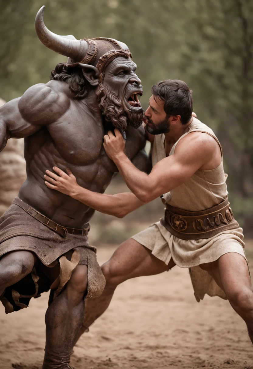 With his brave spirit, Theseus fights an epic battle against the menacing Minotaur.