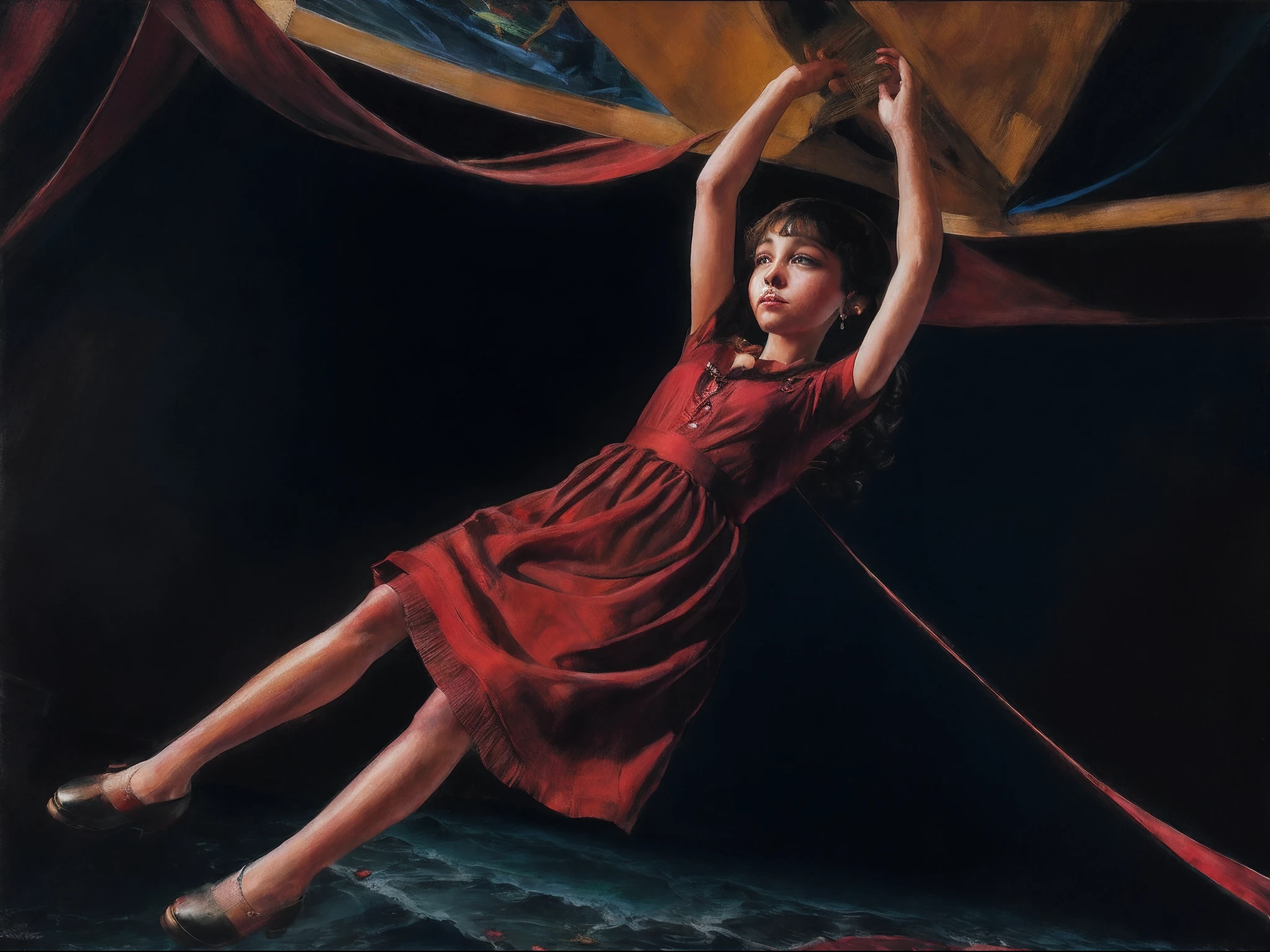 painting of a woman in a red dress holding a umbrella, inspired by Stevan Dohanos, mary jane ansell, magic realism painting, inspired by Bob Byerley, inspired by Art Frahm, inspired by Kurt Wenner, magical realism painting, inspired by Jens Ferdinand Willumsen, inspired by Andrea Kowch, adrian borda