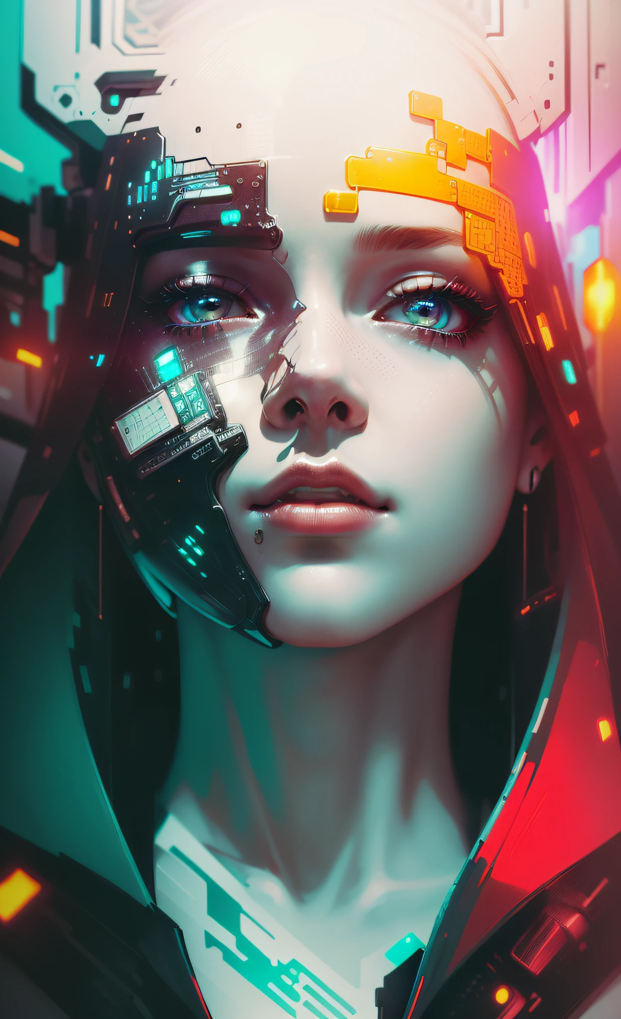 portrait of a beautiful woman, clear, (finely detailed skin), pale skin, (Pants made of circuit board with sexy and futuristic cyberpunk black crop top and circuit board very detailed with deep neckline, cybernetics, Japanese words with flare effect, Beautiful magnificent composition, Futuristic, masutepiece, Sensual milf, A charming, Posing for a photo