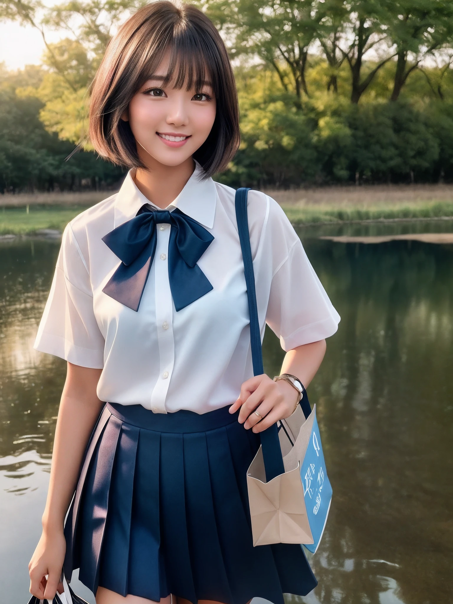 product quality, 1 girl, cowboy shot, front view, a Japanese young pretty woman, bob hair, standing with a big smile by a large ponds in a park in the sunset , glamorous figure, wearing a short sleeves white collared silky shirt with satin dark blue plain bow tie, wearing a dark blue pleated long skirt, carrying one tote bag over her shoulder, hyper cute face, glossy lips, double eyelids in both eyes, natural makeup, long eyelashes, shiny smooth light brown bob hair, asymmetrical bangs, a tanned skin, central image, high resolution, high detail, detailed hairstyle, detailed face, spectacular cinematic lighting, octane rendering, vibrant, hyper realistic, perfect limbs, perfect anatomy