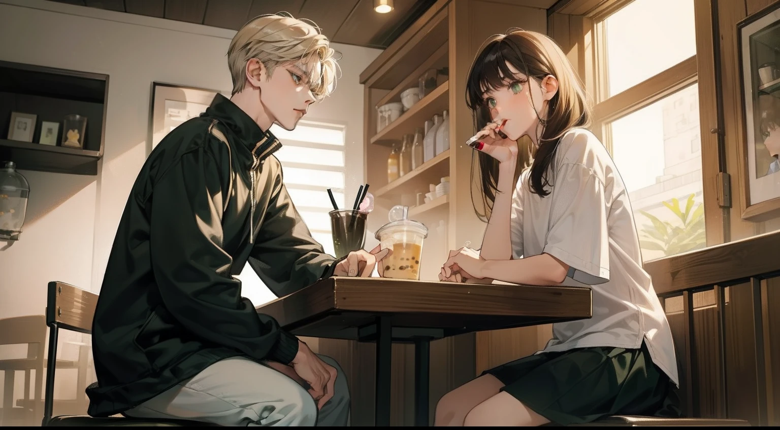 closed friends 1 girl 1 taller boy, different hair color, long dark hair bang and grey eyes, short blonde hair and green eyes, face to face, night light, drinking bubble tea, mouth opens, talking, 18 years old, shorter dark hair girl, cool light setting, girl sit on boy's laps