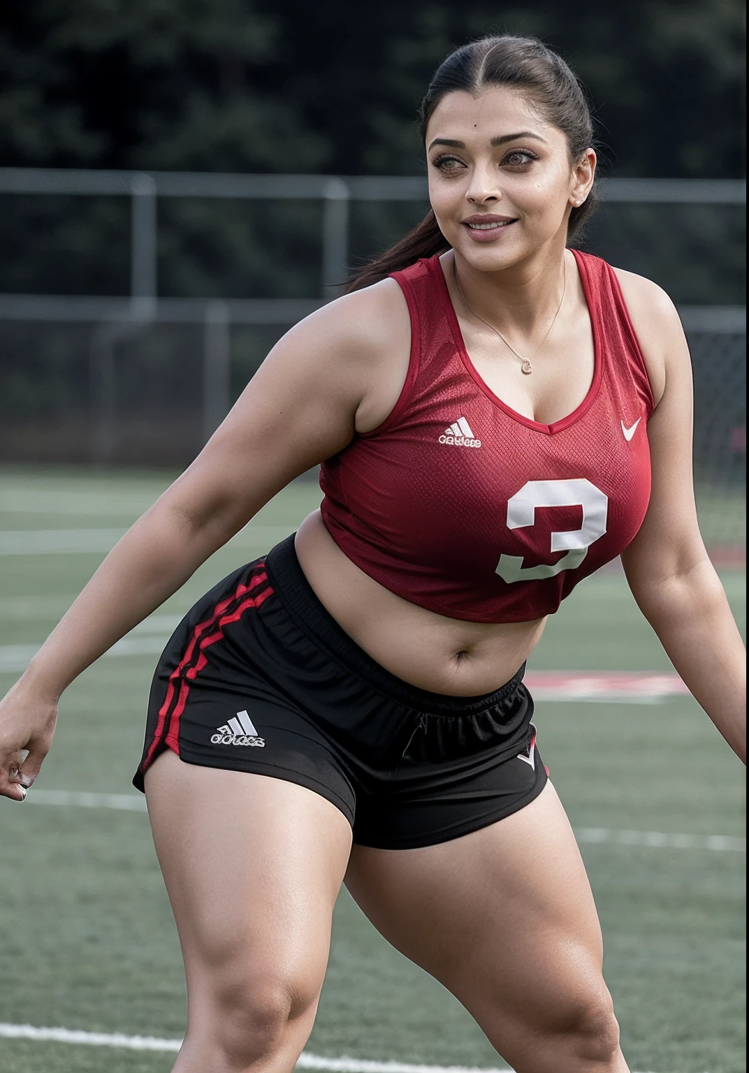 Aishwarya Rai as football player, red mini shorts, athletic curvy milf figure, tank top, football boots with high socks, breasts out, curvy milf figure, ponytail hair, posing outdoors in football field for boys, bright sunny day, big breasts, seductive face, look at camera and smile, erotic adult face, 45 yo, volumetric lights, intricate details, (ArtStation:1.2)