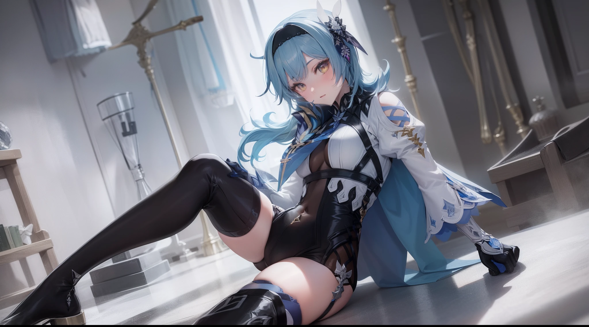 (8k, RAW photo, best quality, masterpiece:1.2),(best quality, masterpiece:1.2),(Beautiful detailed background), 1girl, solo, eula (genshin impact), blue hair, thighhighs, hairband, thighs, long sleeves, gloves, necktie, bangs, dark golden yellow eyes, medium hair, leotard, hair ornament, black hairband, medium breasts, black leotard, cape, looking at viewer, shoulder cutout, black thighhighs, blue necktie, long hair