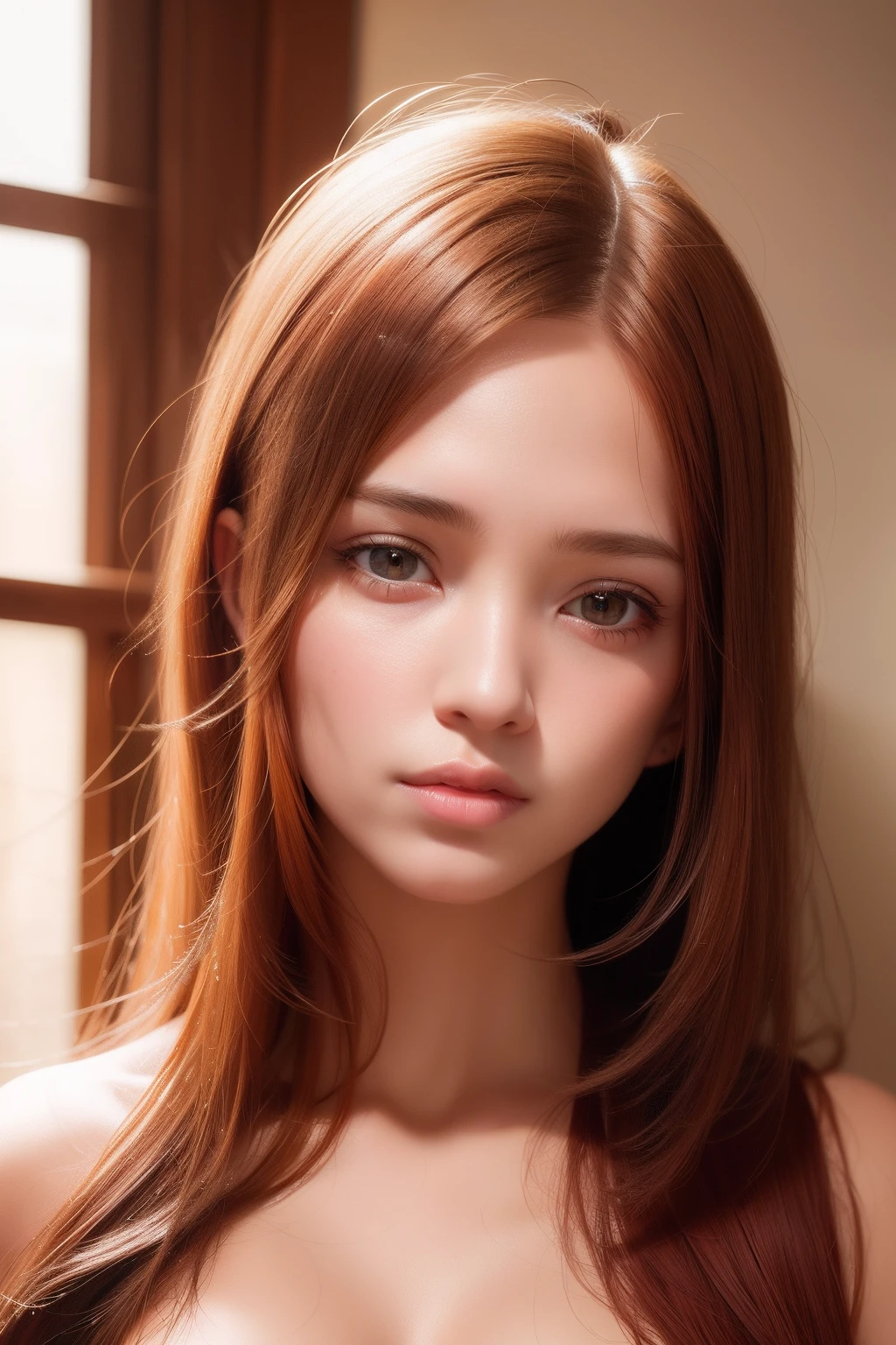best quality, masterpiece, (realistic:1.2), (sensual) provocative, 1 girl, redhead, brown eyes,Front, detailed face, beautiful eyes, morning sun's rays lighten hair, diffused light