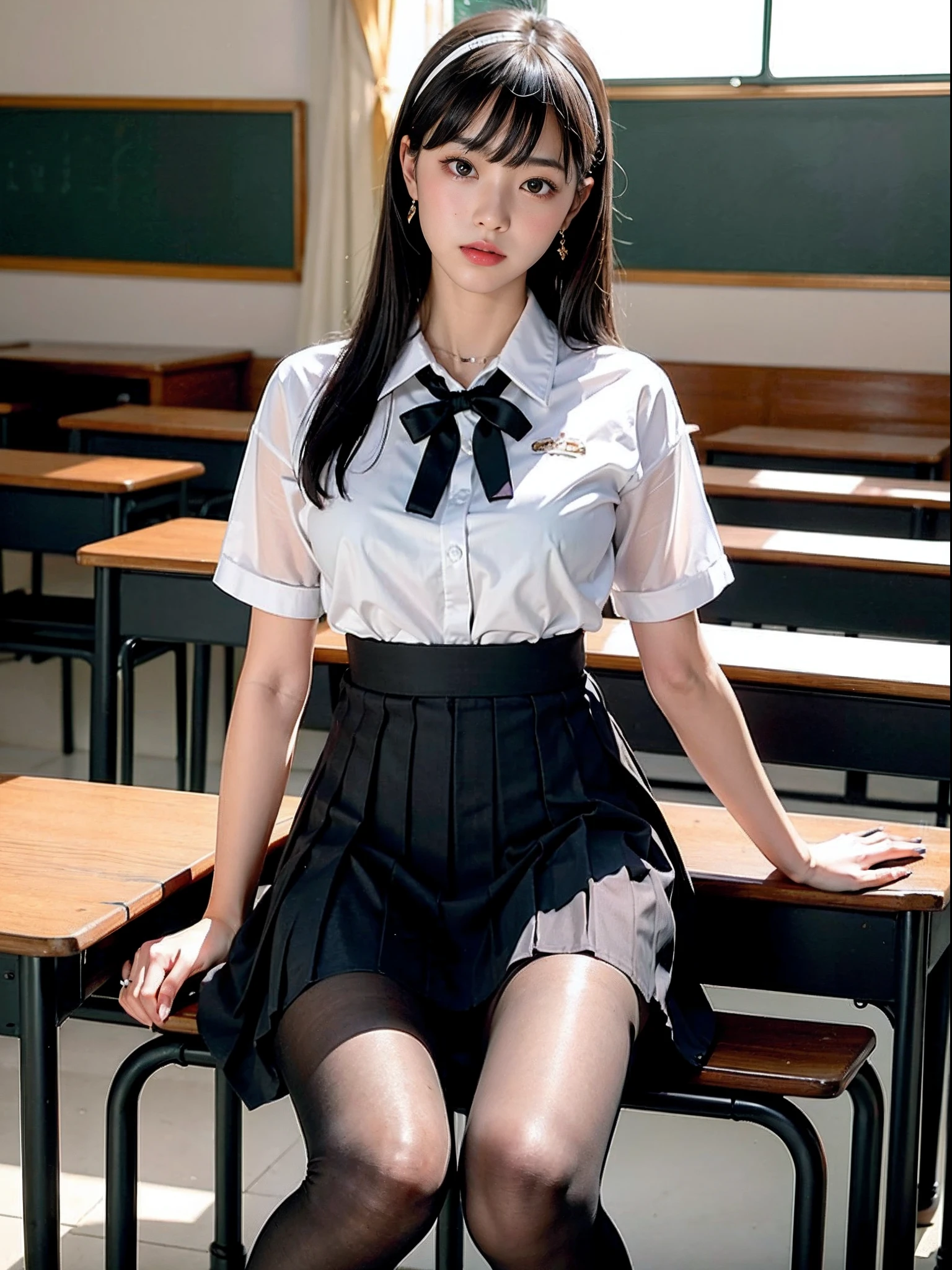 Masterpiece, Best Quality, Ultra Detailed, Illustration, Colorful, FAQ Color, Depth of Field, Lens Glow, 1girl, Hong Kong Beauty, Royal Sister Style, Sexy Style, Seated, Brunette Hair, Looking at the Audience, School, Classroom, Pleated Miniskirt, School Uniform, Serafuku, Black Pantyhose, Delicate Skin Texture, Fine Fabric Texture, Beautiful and Meticulous Face,