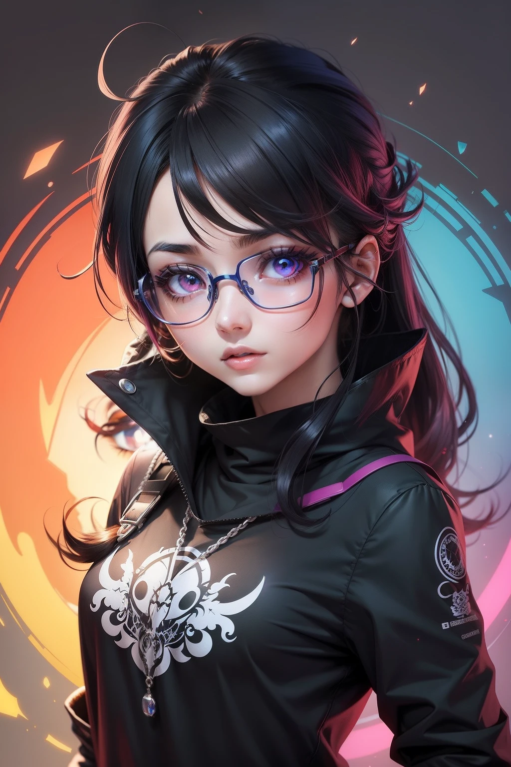 1girl with glasses, slender, masterpiece, best quality, absurdres, black angel wings, black hair, (black lace frills dress, geometric arabesque patterns, abstract zentangle background:1.4), bloom, glow, wide angle, dark silver ornaments, dynamic lighting, dramatic lighting, photorealistic, highres, detailed face and eyes, sharp pupils, realistic pupils, sharp focus, (highest detailed, extreme detailed, ultra detailed, finely detail:1.5), dark bluish green and violet shadow, --s2