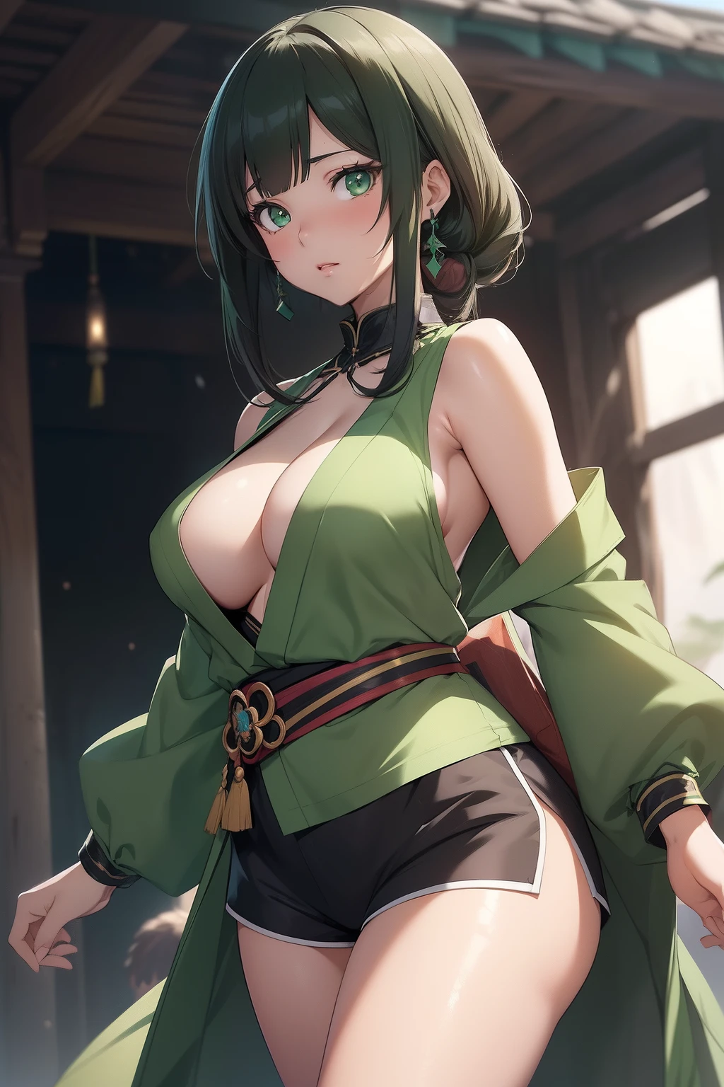 (masterpiece, best quality, photorealistic, cinematic), expressive eyes, perfect face, perfect hands, ((large cleavage)), long round legs, round ass, ((voluptuous anime girl)), (((anime girl posing in a form-fitting light green and sleeveless kimono-style blouse, tied with a dark obi around her waist and short dark green shorts))), ((black-haired mage, a simple flowing hairstyle)), seductive anime girl, Ayaka genshin impact, extremely detailed artgerm, from girls frontline, range murata and artgerm, xianxia, style artgerm, beautiful alluring anime woman, thicc, guweiz on artstation pixiv, ((nude)), ((medium shot, front view)), ((dynamic background))