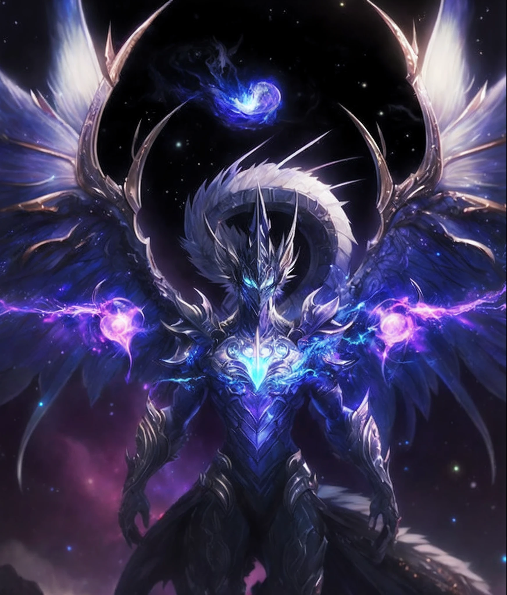 a closeup of a demonic creature with a blue and purple light, Aurelius Sun, arte de fantasia digital 2d detalhada, cosmic horror entity with wings, foto de perfil 1024px, arte conceitual demon soul, Symmetrical Epic Fantasy Art, Epic Fantasy Digital Art Style, arte digital de fantasia detalhada, astral ethereal, astral appearance, Epic fantasy art style, Protoss!!!!
