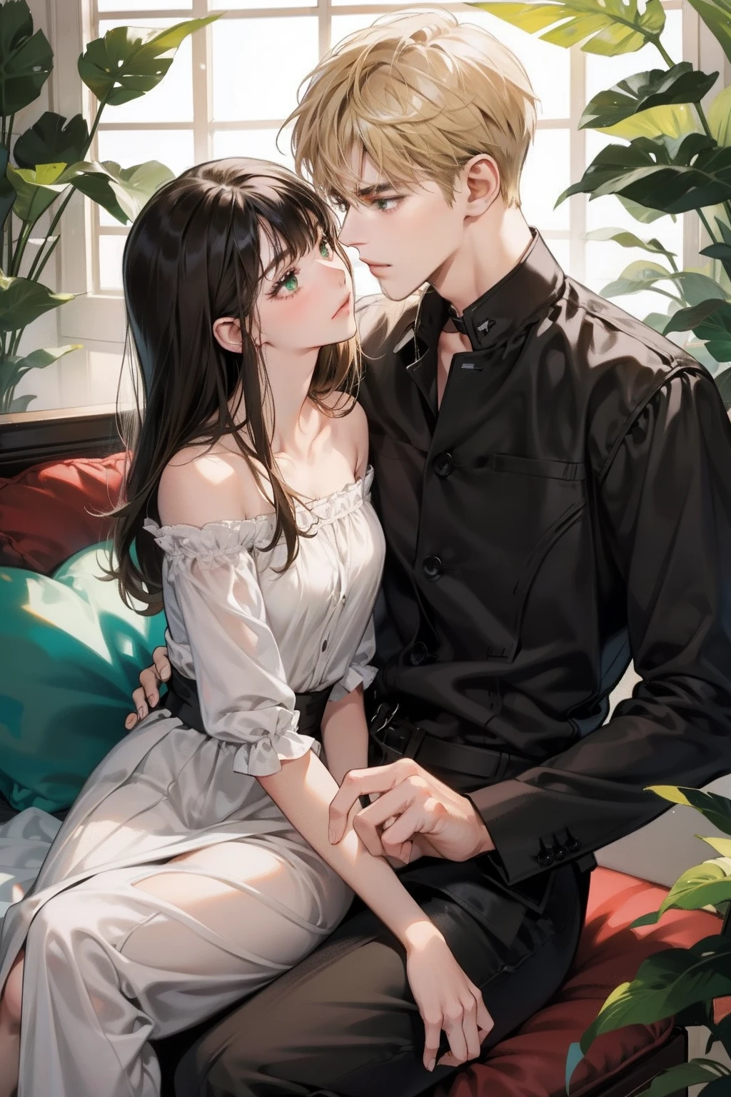 Masterpiece, Best quality, 8K, high detal, Ultra-detailed,quadratic element，A handsome boy lying in bed with a cute girl，They lean together，The expression is happy and contented。The boy had a smile on his face，The girl's face was also full of sweet smiles，Make people feel their happiness and intimacy。Their eyes were glued to each other，It was as if time had stood still，Just the two of them。Viewed from the front，Boys and girls rest their heads together，The bodies are clinging to each other，Hand in hand，Show their tacit understanding and love。The whole scene makes people feel the beauty and romance of love，It's heartwarming。