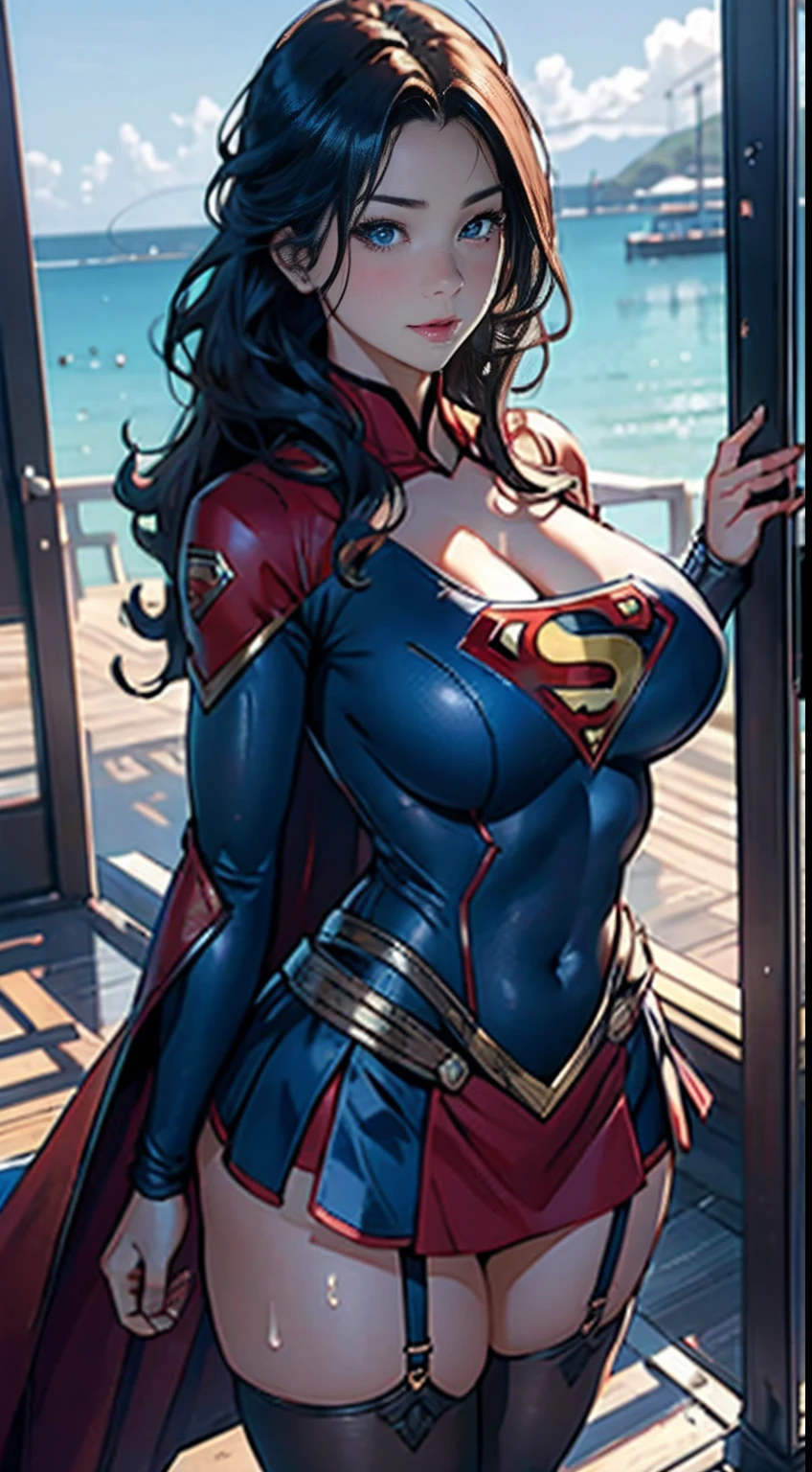 Beutiful women，Hair combed upwards， Supergirl ， （Visible from wear）， （Superman costume）， Huge cleavage， （full bodyesbian：1）， voluptuous figure， （Bigboobs：1）， （big assa：1）， （tmasterpiece） （perfectly proportions）（photograph of-realistic）（best qualtiy） （A detailed） （8K） （k hd） （cinmatic lighting） （Sharp focus） （复杂）  ，1female，aged 40，Huge breasts，Pornographic exposure， 独奏，（Background with：jetty）， She has long flowing hair， standing on your feet，Sweat profusely，drenched all over the body，，blue color eyes，frontage， curlies，mostly cloudy sky，Superman uniform（（（tmasterpiece），（Very detailed CG unity 8K wallpaper），best qualtiy，cinmatic lighting，detailed back ground，beatiful detailed eyes，Bright pupils，（Very fine and beautiful），（Beautiful and detailed eye description），ultra - detailed，tmasterpiece，）），facing at camera，A high resolution，ultra - detailed），熟妇，mature，revealing breasts，facing at camera，Flushed complexion，Orgasmic face，Pornographic exposure，Protruding underparts，Camel toes，with no underpants，legs are open，frontage，Beautiful sexy full body photo in mini skirt and sewn stockings，（（独奏）），At the pier，nakeness