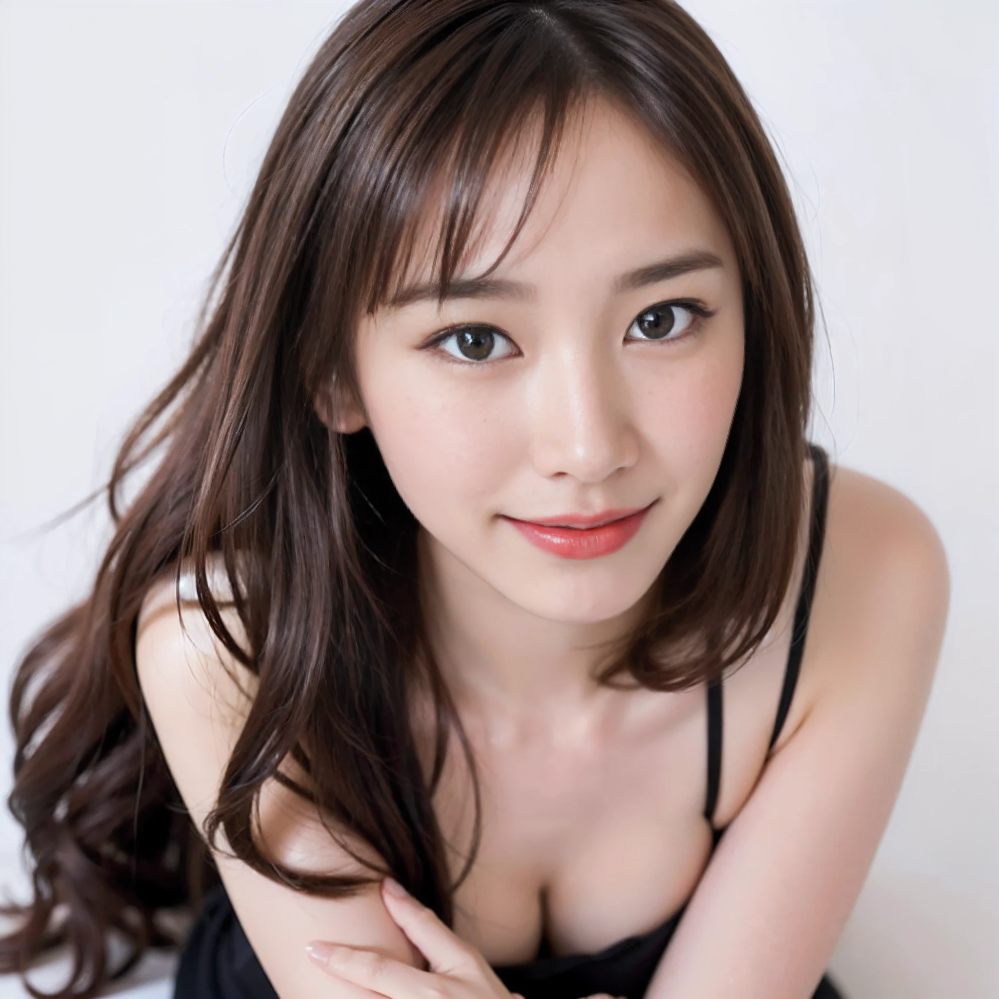 (((1girl,1girl,1girl))).(((ulzzang-6500))).(((perfect anatomia))),(((Hasselblad))),masterpiece、top-quality、超A high resolution、High detailed portrait、(photographrealistic:1.4)、(((1girl in)))((1girl in、White fair skin、kneeling to、From above、Look up at your audience、close up of face、17 age、cute little、clean chestnut brown hair、shiny chestnut-brown hair、Longhaire、length hair、dishevled hair、Big breasts))(enticing、Racy underwear、Dripping wet body)(portrait of japanese famous actress)、(Big smile、Happiness、Joy、jolly、closes mouth)、(Hold your breasts between your arms and pull your breasts closer)、High detailed eyes、((Really snow-white background、Nothing background))、((bangss、Disheveled bangs、Clean face、Gaze staring at the camera、Lashes、big eye、Distinct double eyelids、glowy skin、Clean skin quality、lipgloss)).
