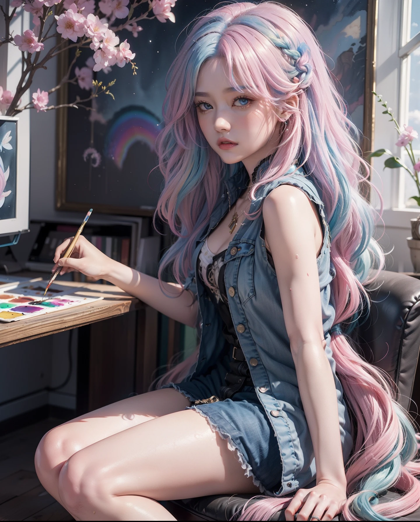 (masterpiece、top-quality、top-quality、watercolor paiting(Curly)、Official art、Beautifully Aesthetic:1.2)、(1girl in:1.3)、(Fractal Art:1.3)、The upper part of the body、From Side、looking at the viewers、patterns、(rainbow-colored hair、colourful hair、Half blue and half pink hair:1.2)、Eau、liquids、clouds、colourfull、starrysky、stele、high-heels、