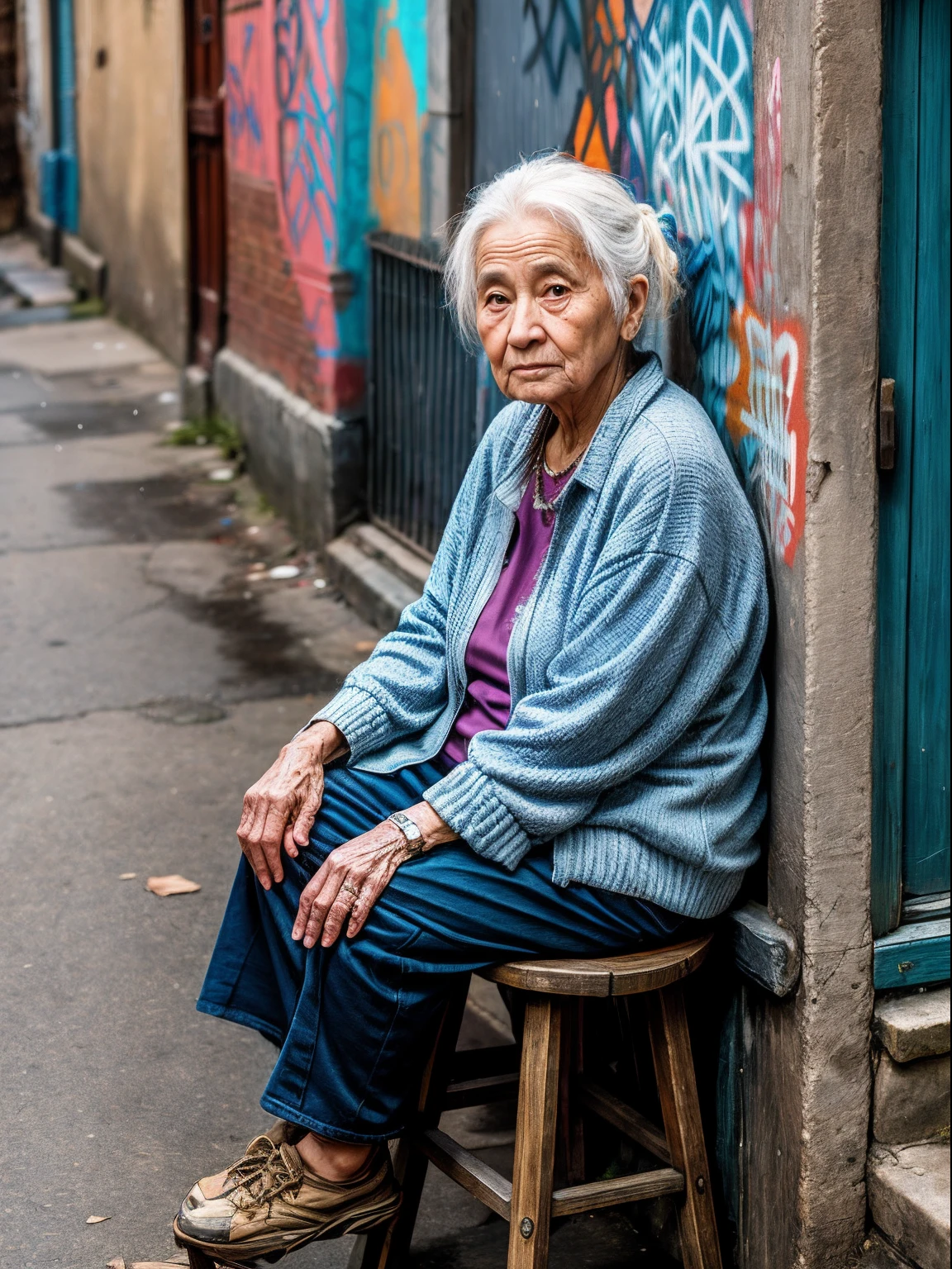 elderly lady, sitting on a wooden stool, next to a graffitied wall, unkempt street, alley, damp street, white hair, brown eyes, tired look, wearing humble clothes, dusk, cloudy day