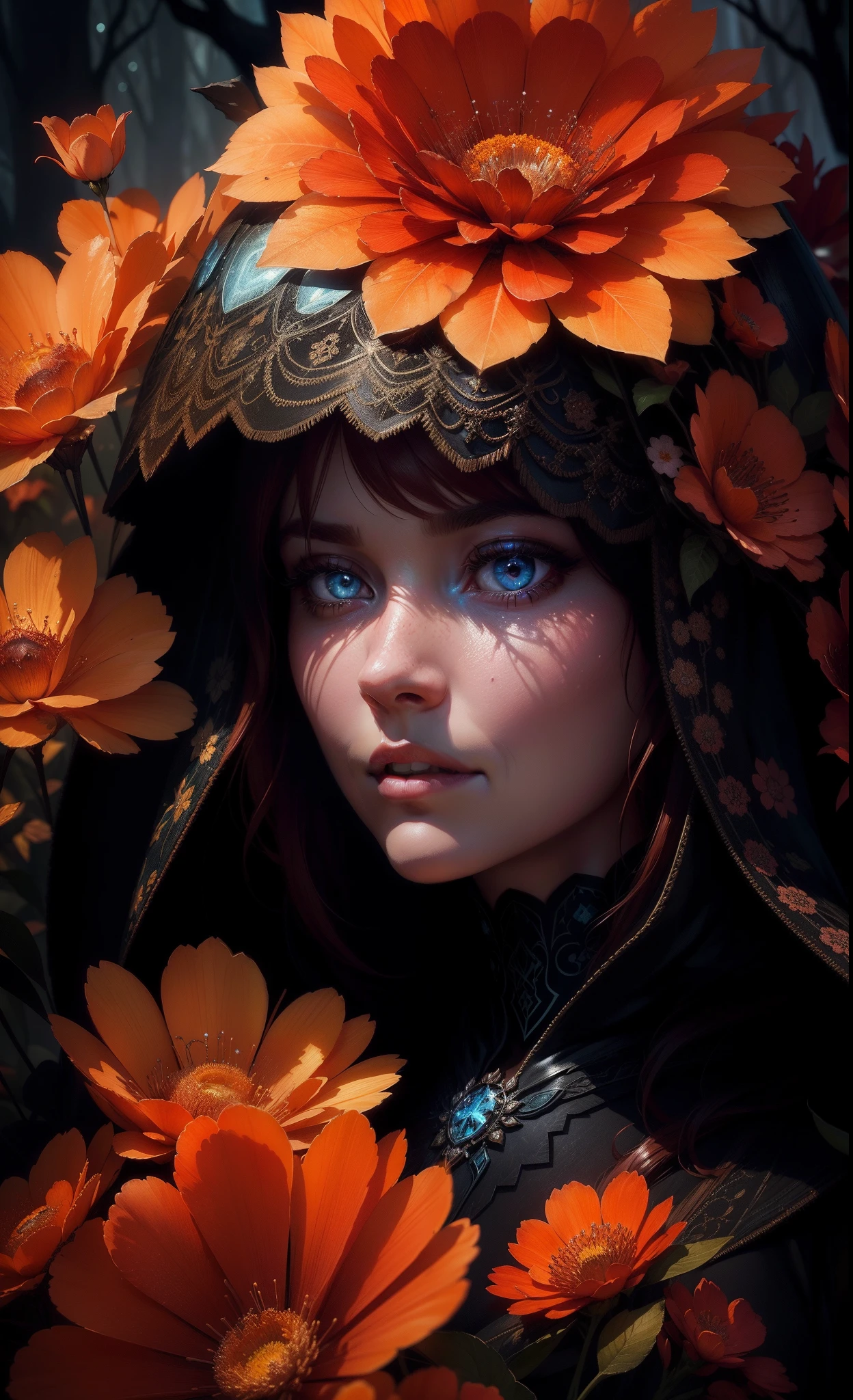 35mm, F/2.8, insanely hyper-detailed and intricate realistic, full body character  with messy red hair, looks like Bryce Dallas Howard, in a dress of ice flowers luminescent circuitry patterns that glow with an eerie blue hue, a black circle crown on her head, detailed face, detailed skin, front, background frozen forest, cover, unzoom, choker, hyperdetailed painting, luminism, Bar lighting, complex, 4k resolution concept art portrait by Greg Rutkowski, Artgerm, WLOP