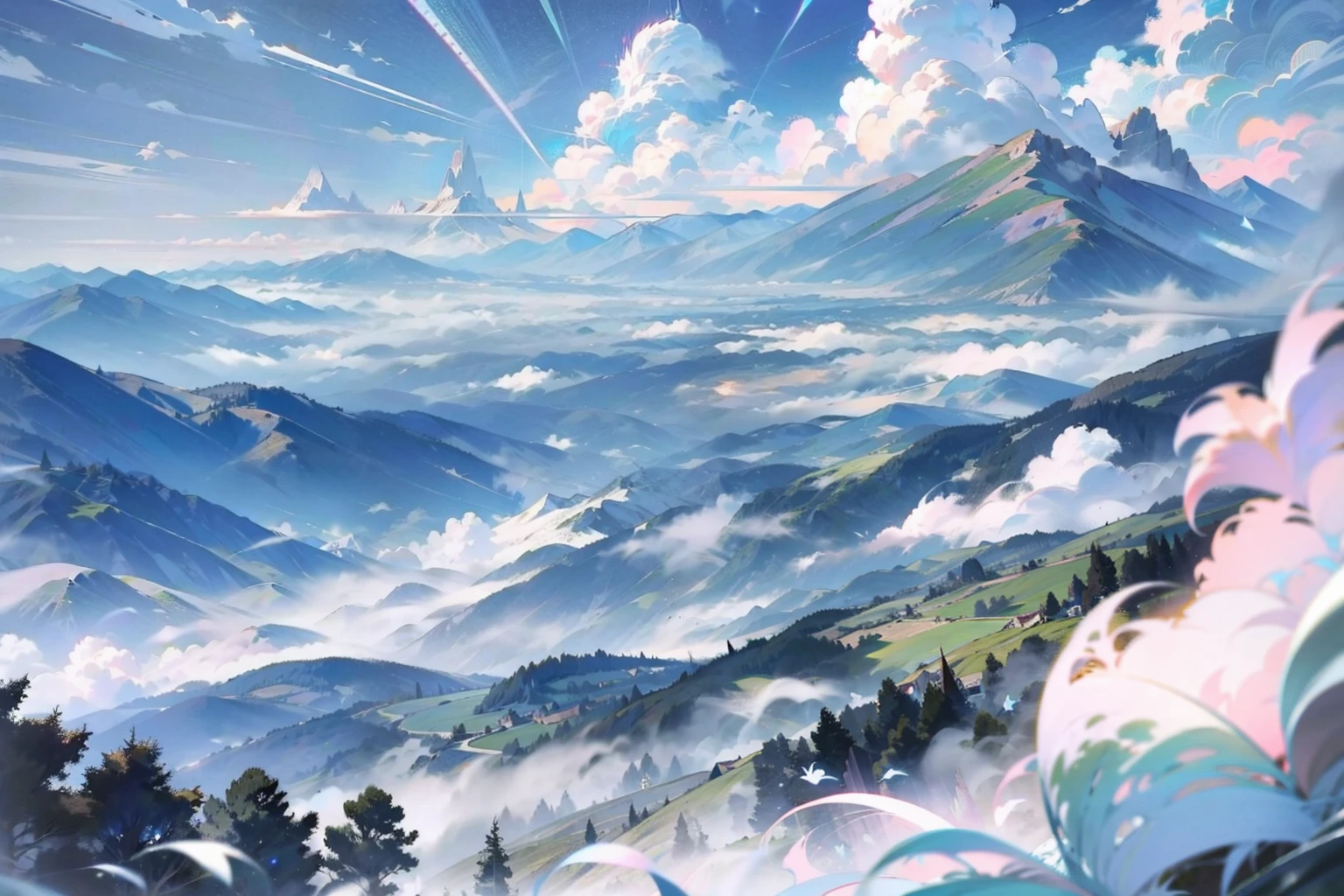 style of anime，European mountains，（A dragon flies in the sky），surrounded by cloud，The mountains are dotted with forests and meadows，Green meadow, Blue sky，Vista perspective