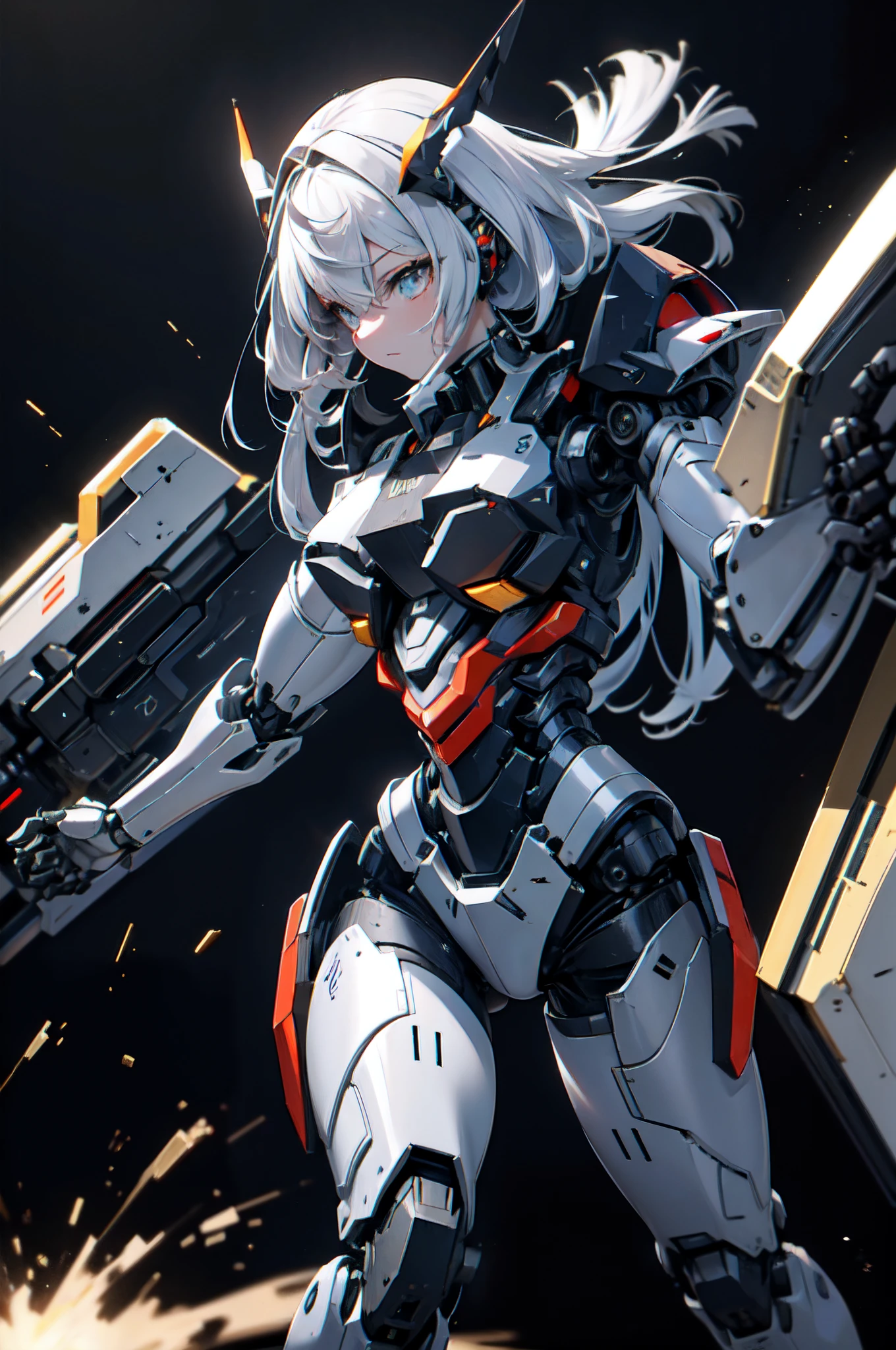 female robot, mechanical articulated limbs, the whole body is covered with heavy mechanical armor, connected cables, perfect five fingers, tubes connecting the body, long gray hair, huge armor on both arms, huge thrusters on the waist, open stance, depiction from knee to head, support unit of floating machinery, (headgear with sharp angles on both sides of the head: 1.2), ( Mechanical Giant Black Halo: 1.2), Drone-type Weapon, Black Giant Weapon, Black Giant Canon, Black Giant Laser Rifle, Mechanical Nuclear Giant Rifle, Masterpiece, best quality, captures a super cute moment, depth of field, ultra detailed, ultra high resolution, C4D, Octadale, 3D modeling, 8k, 16k,