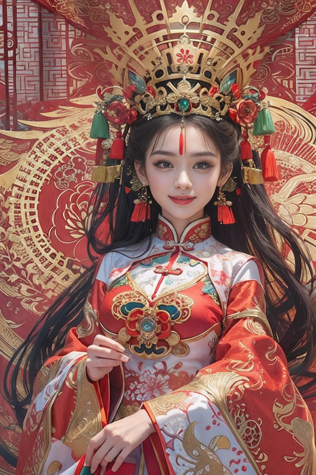 A woman wearing a red and gold Chinese dress,Phoenix crown,a chinese wedding,(tmasterpiece,top Quority,best qualtiy,offcial art,Beauty and aesthetics:1.2),(1girll:1.3),The is very detailed,(s fractal art:1.1),Most detailed,( zentangle:1.2), full bodyesbian, (abstract backgrounds:1.3), (Shiny skin), (many color:1.4), happy smile,(Earrings), (feater:1.5), sexy pose, naked upper body, dynamic, in bed, lingerie
