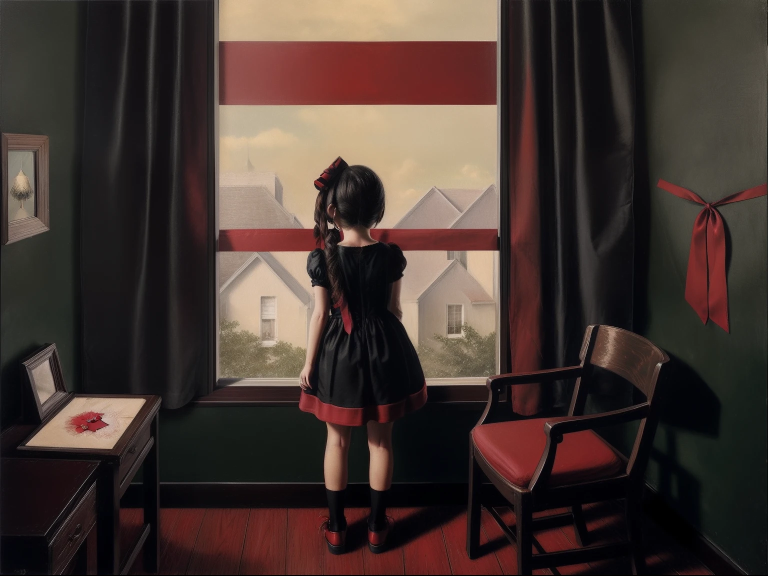 lostgirls, a painting of the back of a girl in a red dress with black shoes looking out of a window in a tiny room with ribbons hanging from the ceiling