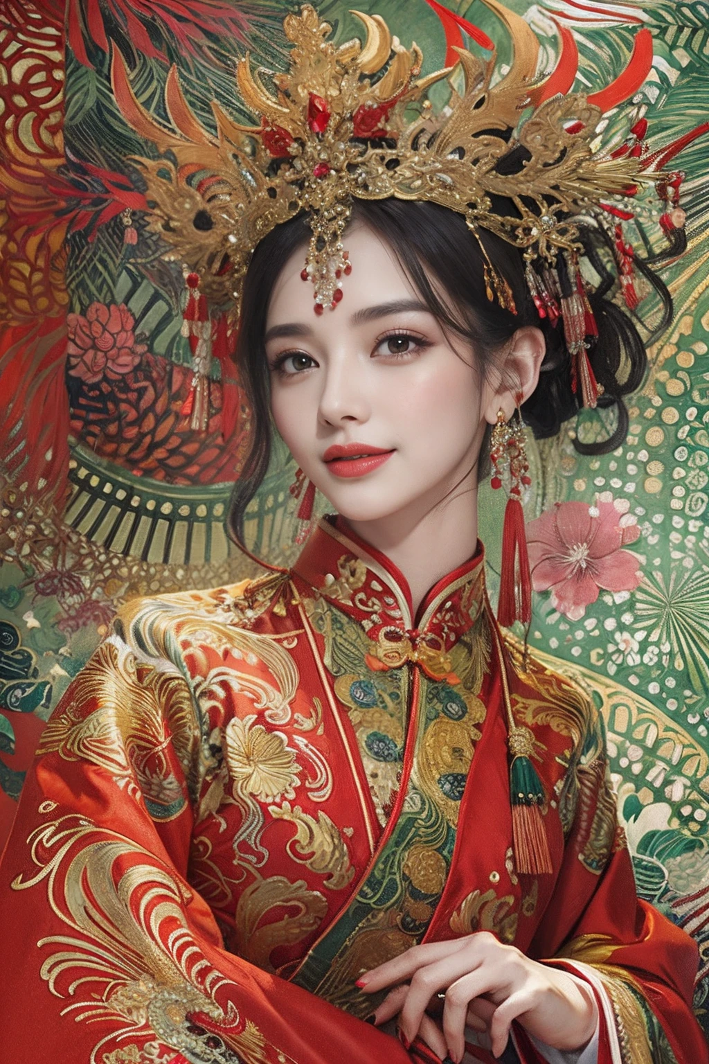 A woman wearing a red and gold Chinese dress,Phoenix crown,a chinese wedding,(tmasterpiece,top Quority,best qualtiy,offcial art,Beauty and aesthetics:1.2),(1girll:1.3),The is very detailed,(s fractal art:1.1),Most detailed,( zentangle:1.2), full bodyesbian, (abstract backgrounds:1.3), (Shiny skin), (many color:1.4), happy smile,(Earrings), (feater:1.5), sexy pose, naked upper body