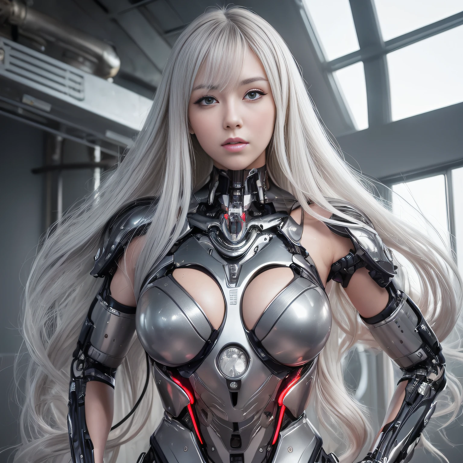 Beautiful Face,face is Japan, 1 Woman, Big, Curvaceous, (16k, RAW photo, top quality, masterpiece: 1.2), (HDR, Realistic, Photorealistic: 1.37) (tube attached to the body), (Bikini Cyborg robot parts)))), (light gray hair), Long hair, Wavy hair, Twin tails, Medium shot, ( Seductive smile)), (black eyes), double eyelids, princess cut, from below, (whole body),posing,,in the lab,( tube connected to blood vessel),((mechanical vertebrae attached to the back)),((mechanical neck attached to the neck)),(wire and cable attached to head and body),(character focus),science fiction,perfect female figure,perfect anatomy, hyperanatomy, full body shot, up to four fingers and one thumb relationship,