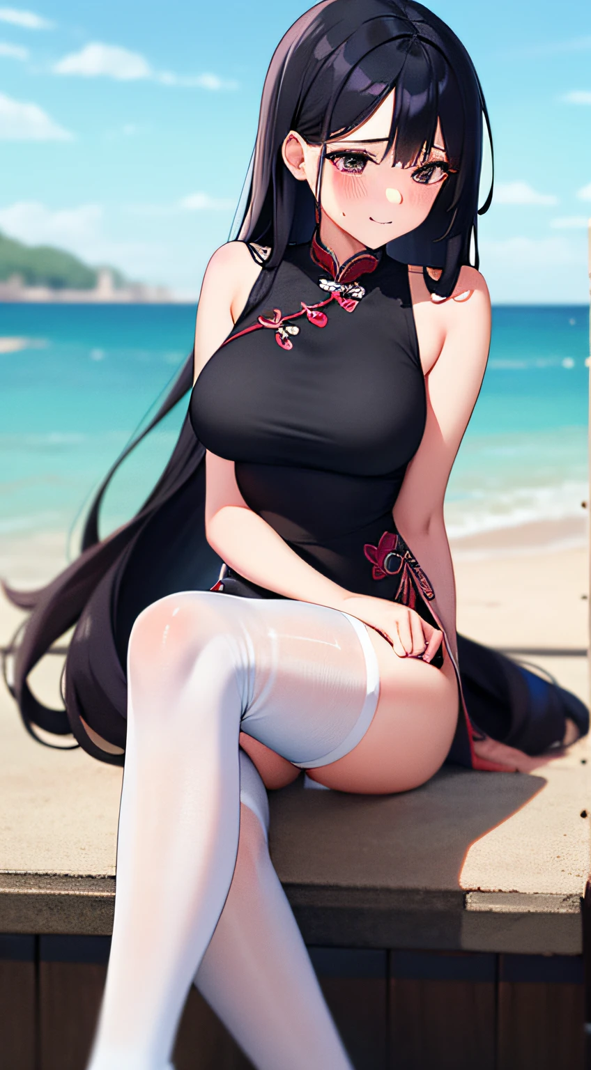 1Woman milf Chinese "Giant breasts" + "large rear" + "tall"+ "wide hips" + " tiny waist" + "plump thighs" + "slanted eyes Reddish pink color " + "black color Hair" + two buns with accessory Chinese sticks +"Red Lips" + "Lucious Lips"”) outfit: (Black bikini)