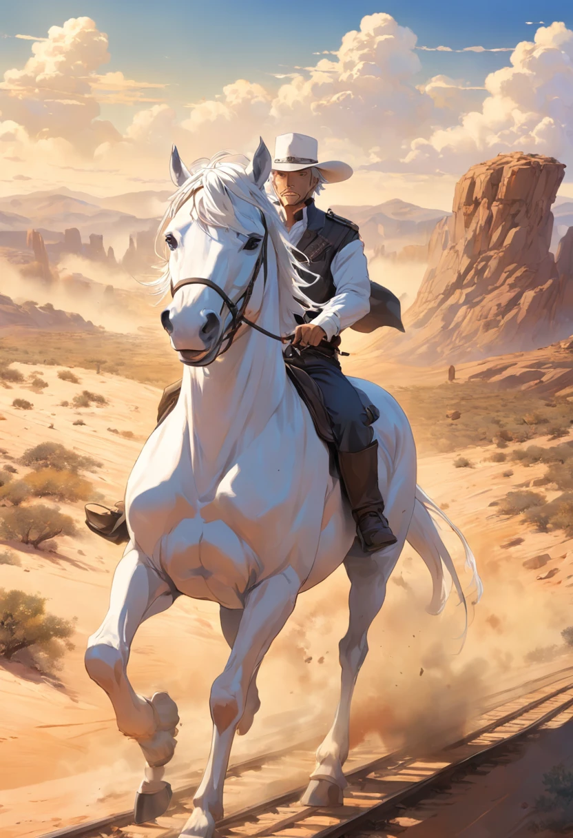There is a man on a white horse in front of a moving train in the desert, (deserto), (Trem), ((rosto sorridente)), andar a cavalo branco, Vaqueiro, Vaqueiro , Foto de um cowboy, No Velho Oeste, O vaqueiro no velho Oeste, Velho Oeste, Lone guard, sonho de vaqueiro, quadrinhos ocidentais inspirados, lonely rider, Directed by: Cíntia Wright, space western, Fotografia Moonwalker