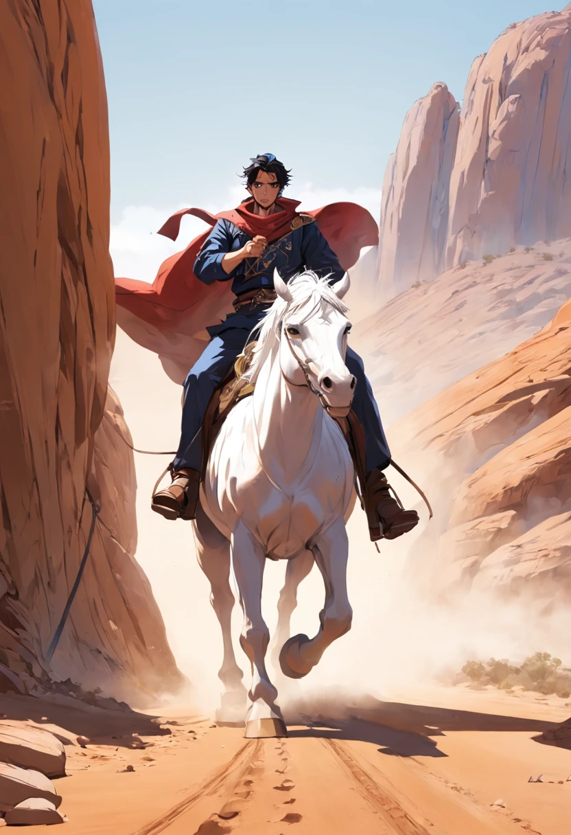 There is a man on a white horse in front of a moving train in the desert, (deserto), (Trem), ((rosto sorridente)), andar a cavalo branco, Vaqueiro, Vaqueiro , Foto de um cowboy, No Velho Oeste, O vaqueiro no velho Oeste, Velho Oeste, Lone guard, sonho de vaqueiro, quadrinhos ocidentais inspirados, lonely rider, Directed by: Cíntia Wright, space western, Fotografia Moonwalker