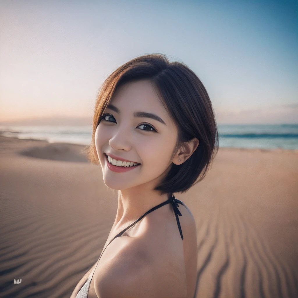 (((1girl,1girl,1girl,solo person)))、(((Shot on white sand beach)))、(((kneeking)))、(​masterpiece:1.3), (8K, Photorealsitic, Raw photography, Top image quality: 1.4), japanes, (1girl in), beautiful countenance, (Lifelike face), (A dark-haired, short-hair:1.3), Beautiful shortcuts fluttering in the wind, Realistic eyes, beautidful eyes, (real looking skin), Beautiful skin, enticing, 超A high resolution, A hyper-realistic, high-detail, the golden ratio, Detal Face,view sky,middlebreasts,(((White string bikini)))、(((ulzzang-6500)))、(((Hasselblad)))、(((huge smile)))、(((Best waist straps)))、solo person、