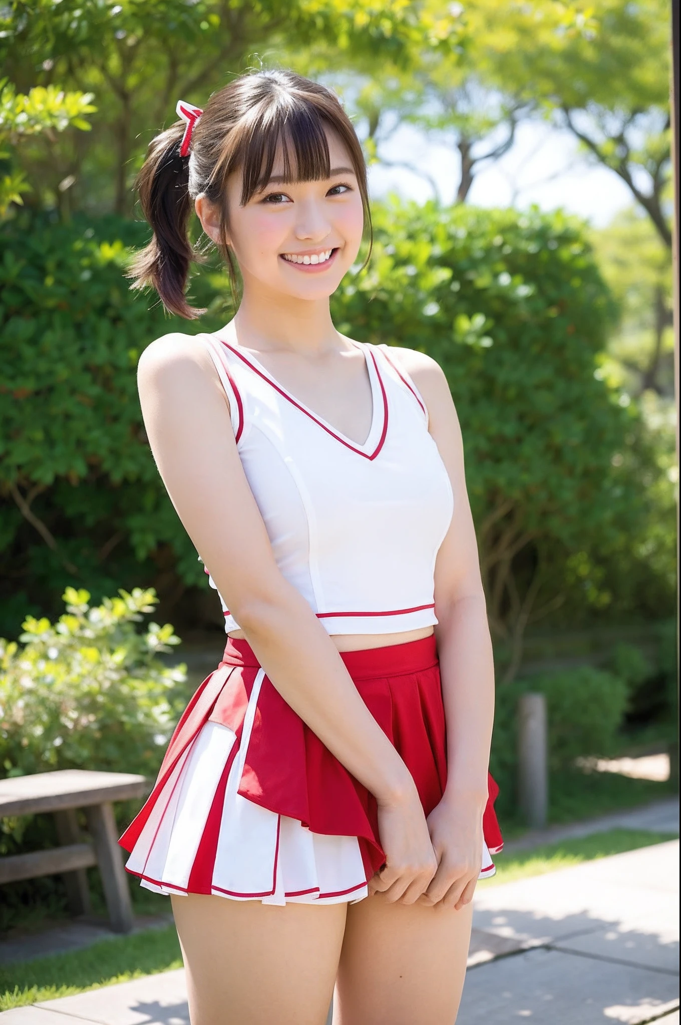 girl standing in old-Japan park,v-neck sleeveless white school swimsuit with red trim with thin ribbion bow,single flower accessories on hair,18-year-old,bangs,a little smiles,thighs,
knees,short cut hair,low ponytail,from below