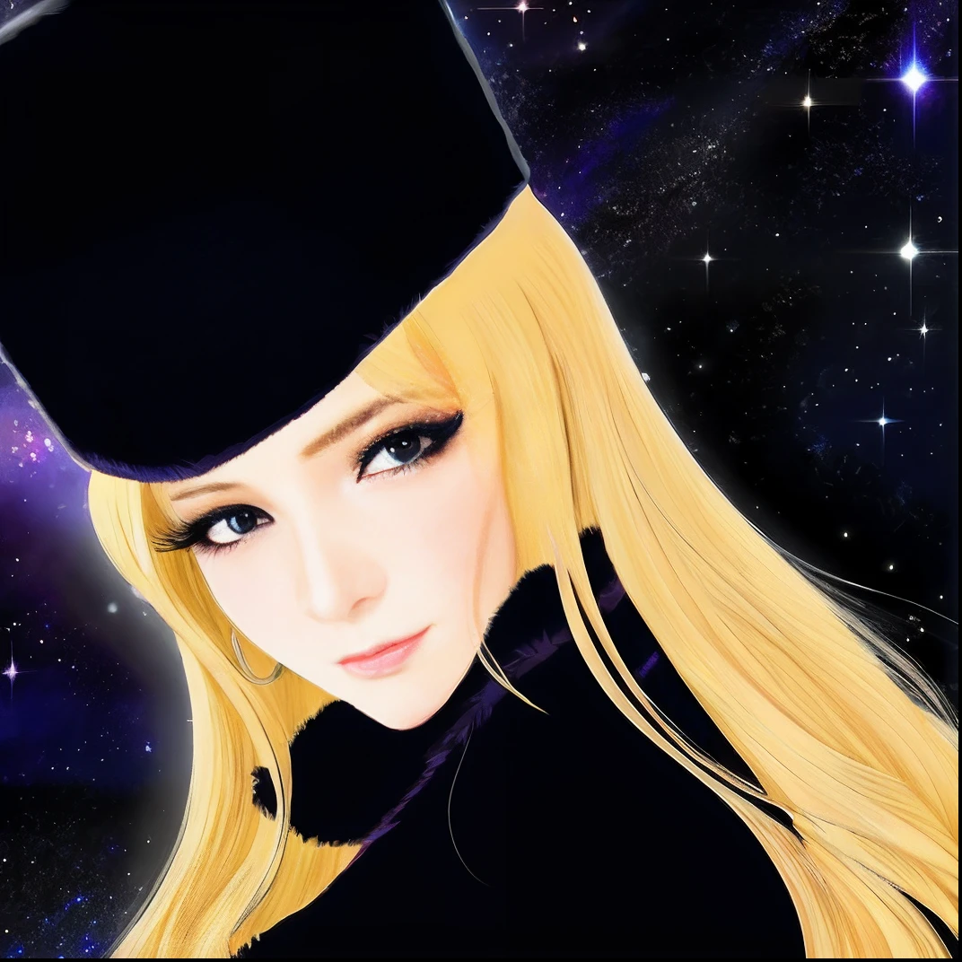 top-quality, 8K, ultra-detailliert, Woman with long blonde hair in black Russian hat and black costume, the sailor galaxia. Beautiful, inspired by Sakai Hōitsu, Portrait Space Cadet Woman, princess intergalactica, inspired by Li Chevalier, Blonde woman with long hair, marisa kirisame, inspired by INO, stars in her gazing eyes, Space Dandy Style