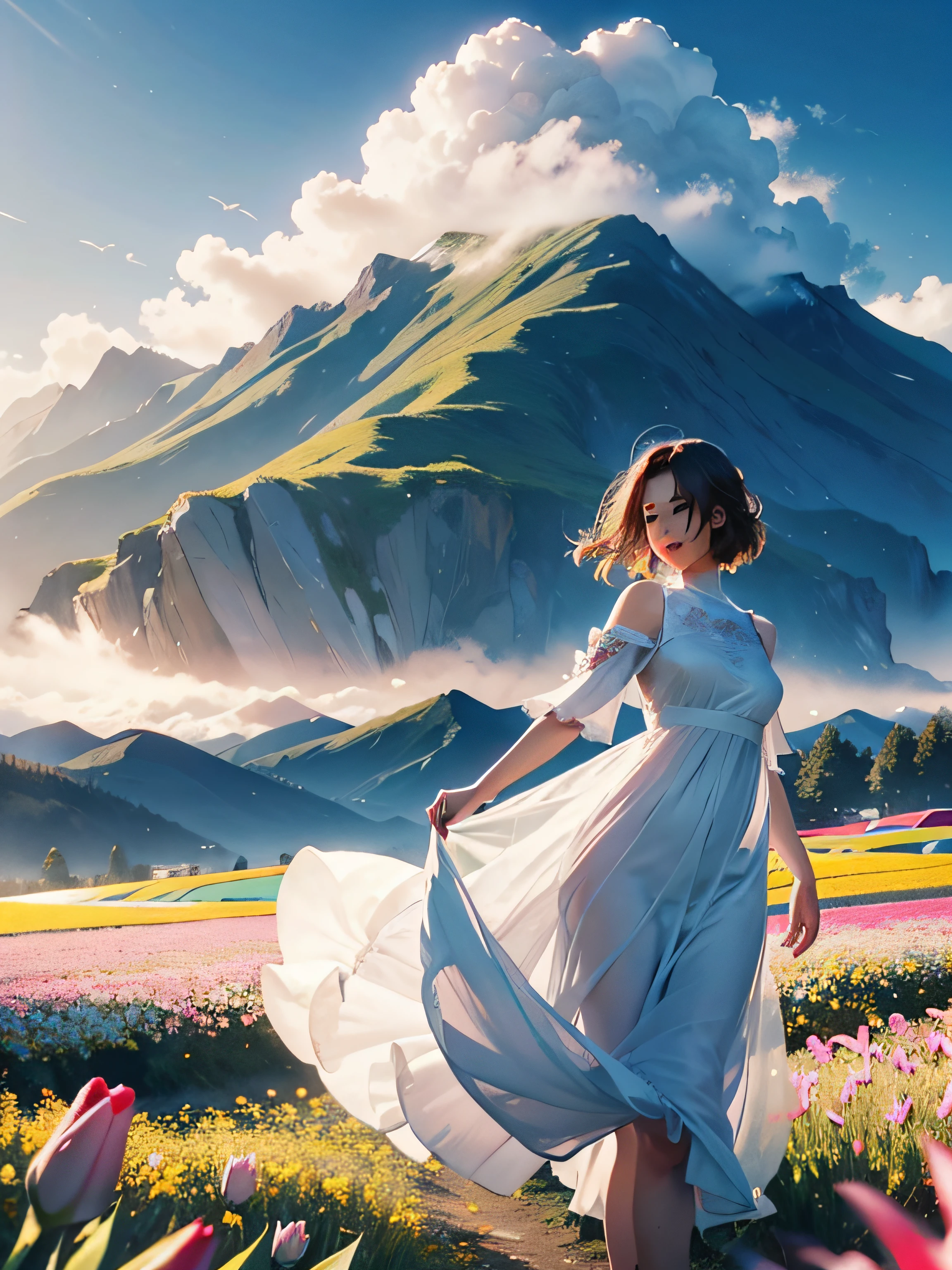 1girl, dynamic angle, cloud and mountain, (flower field:1.4) in the foreground, white dress, light tracing, (floating colorful wind:1)
(photorealistic:1.4), official art, unity 8k wallpaper, ultra detailed, beautiful and aesthetic, masterpiece,best quality, glowing skin, cinematic lighting, light smile