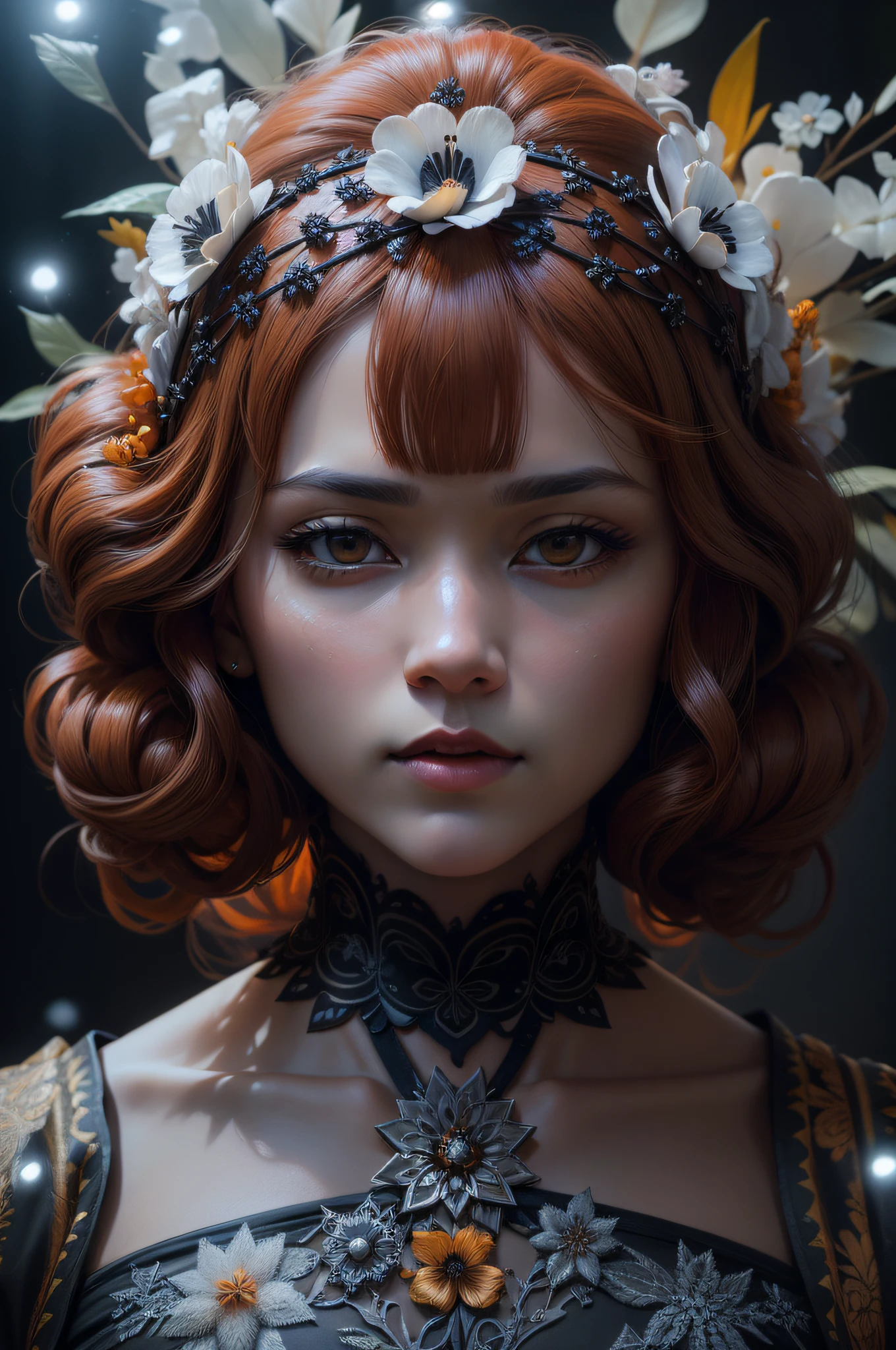 Beautiful frost black orange yellow winter queen soft Hawaiian flowers hyperdetailed portrait 8k Leonardo da Vinci