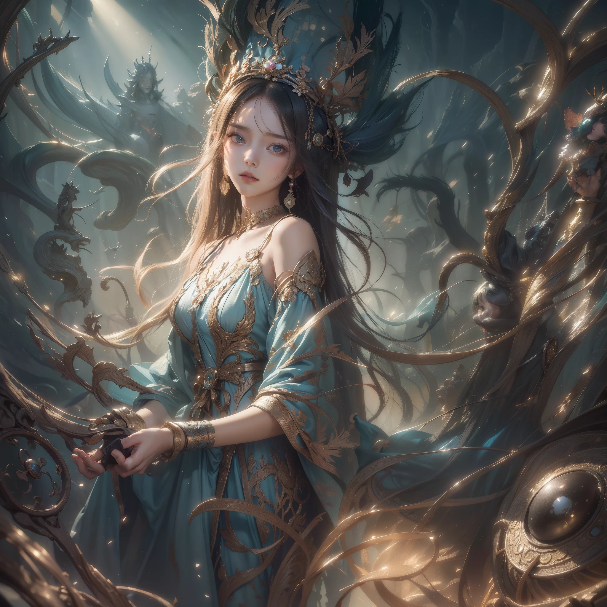 (in the darkness nigth:1.6),Surrealist portraits of women by David Hockney and Alphonse Mucha,Fantasyart,photographrealistic,动态照明,art stations,poster for,Volumetriclighting,Very detailed faces,4 k'',Award-Awarded,,1girll,In the dark,deepshadow,low tune,cowboy lens,(official outfit:1.4),long whitr hair,whaite hair,Bigchest,Clothes open