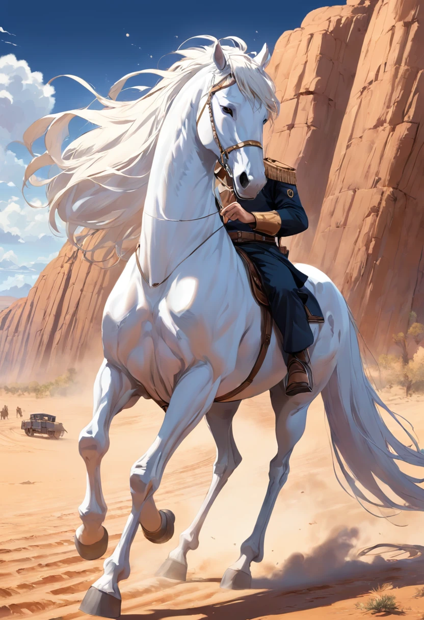 There is a man on a white horse in front of a moving train in the desert, (deserto), (Trem), ((rosto sorridente)), andar a cavalo branco, Vaqueiro, Vaqueiro , Foto de um cowboy, No Velho Oeste, O vaqueiro no velho Oeste, Velho Oeste, Lone guard, sonho de vaqueiro, quadrinhos ocidentais inspirados, lonely rider, Directed by: Cíntia Wright, space western, Fotografia Moonwalker