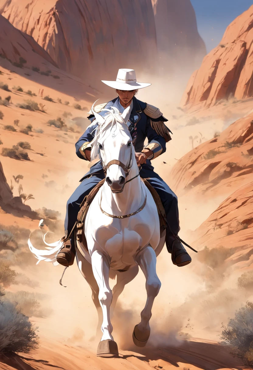 There is a man on a white horse in front of a moving train in the desert, (deserto), (Trem), ((rosto sorridente)), andar a cavalo branco, Vaqueiro, Vaqueiro , Foto de um cowboy, No Velho Oeste, O vaqueiro no velho Oeste, Velho Oeste, Lone guard, sonho de vaqueiro, quadrinhos ocidentais inspirados, lonely rider, Directed by: Cíntia Wright, space western, Fotografia Moonwalker