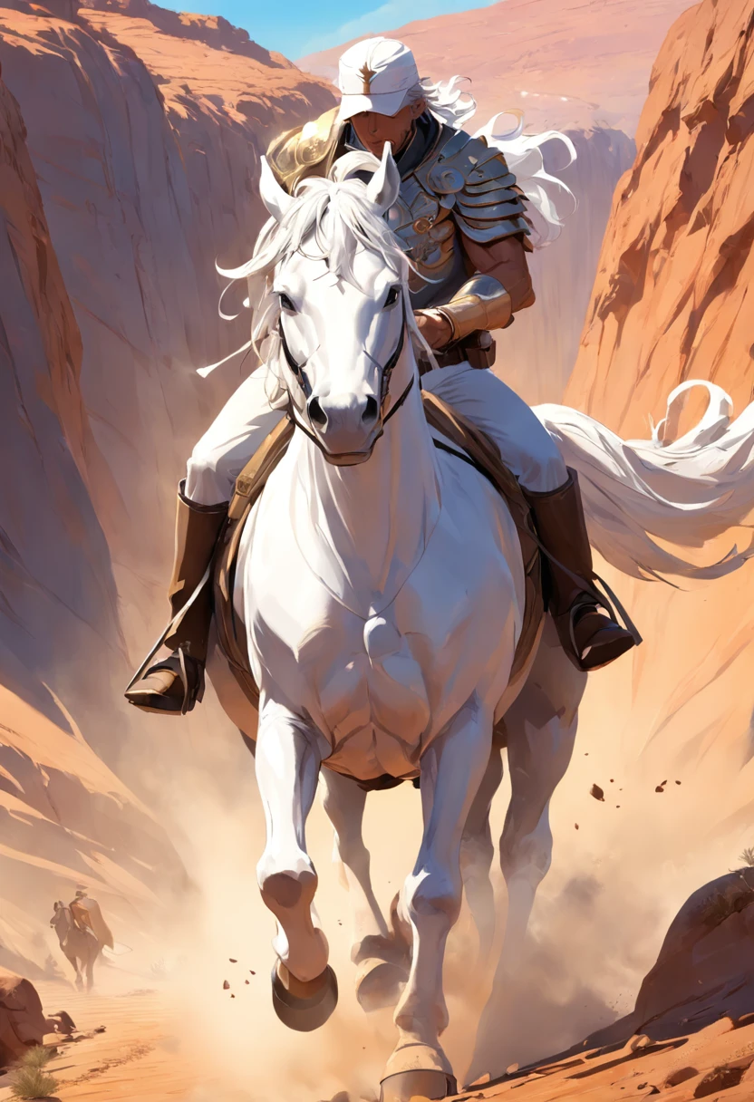 There is a man on a white horse in front of a moving train in the desert, (deserto), (Trem), ((rosto sorridente)), andar a cavalo branco, Vaqueiro, Vaqueiro , Foto de um cowboy, No Velho Oeste, O vaqueiro no velho Oeste, Velho Oeste, Lone guard, sonho de vaqueiro, quadrinhos ocidentais inspirados, lonely rider, Directed by: Cíntia Wright, space western, Fotografia Moonwalker