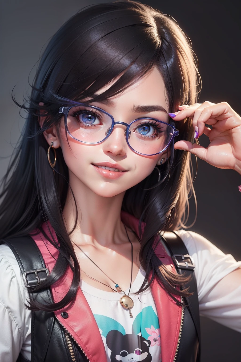 crie uma personagem feliz com estilo de desenho de anime, usando oculos explicando algo. com fundo preto,com cores vibrantes!