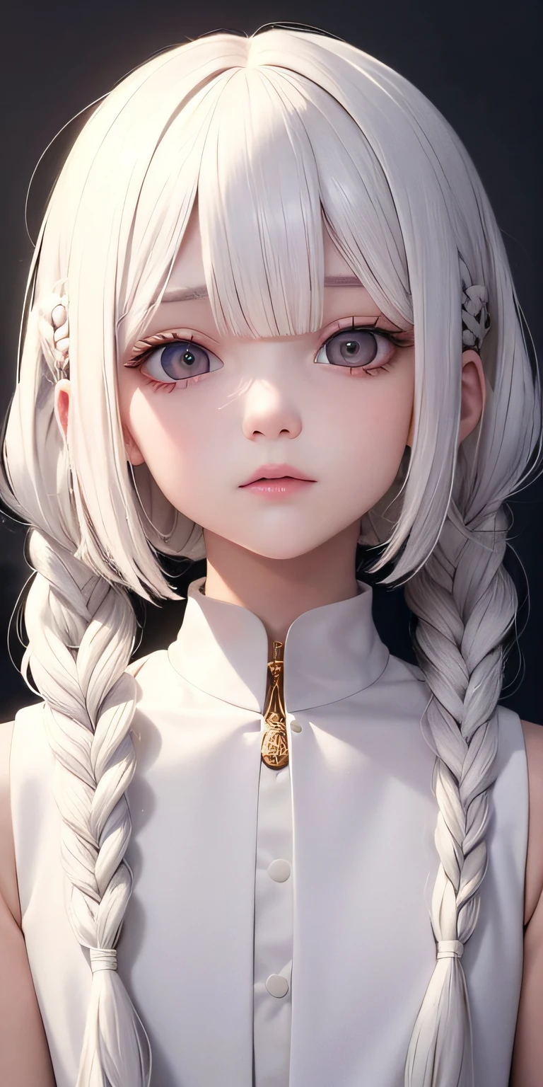best quality, masterpiece,white hair, gold eyes,white clothes, looking up, upper body,hair strand,Fair skin,side braids