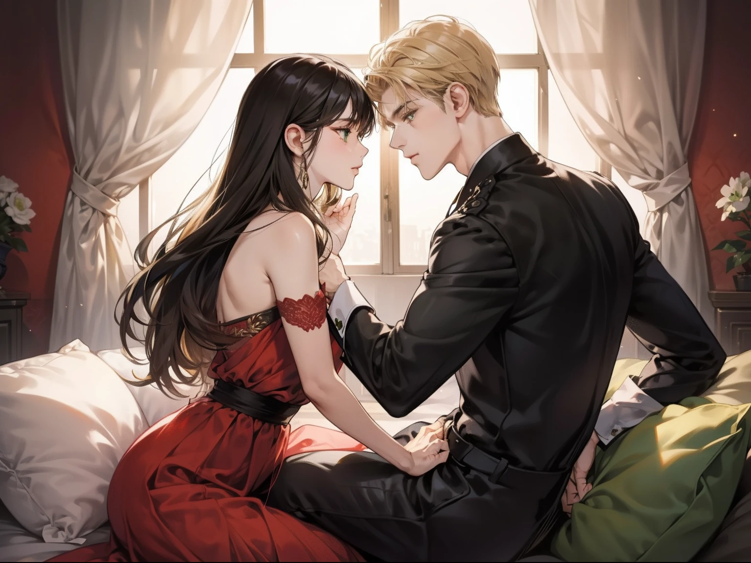Couple, 1 girl 1 boy, different hair color, long black bang hair and brown eyes, short blonde hair and green eyes, romance, sit on the laps, face to face. elegant long dress