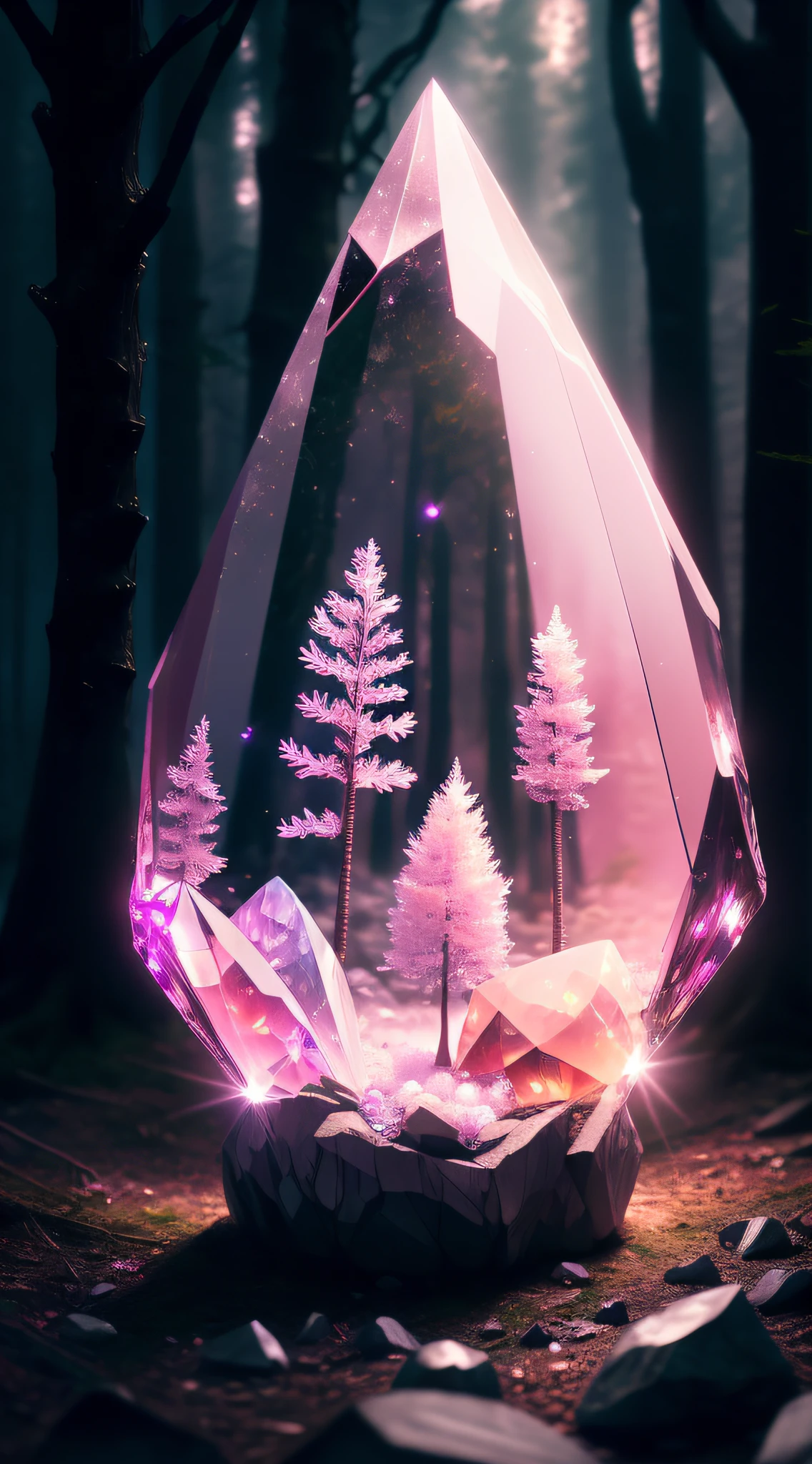there is a crystal with trees inside of it in the woods, crystal forest, magical forest background, magical forest backround, glowing crystals, crystals enlight the scene, magical fantasy forest, fractal forest, magical forest in the background, colourful 3 d crystals, made of crystals, pink forest, low-poly digital art, crystalized, glowing forest