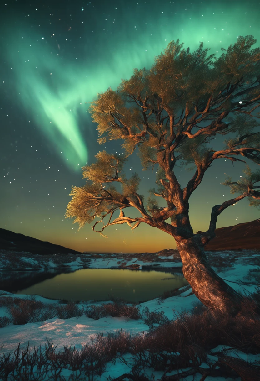 arvore dourada, pequeno porte, em uma noite estrelada, aurora boreal, 8k, ULTRA REALISTA