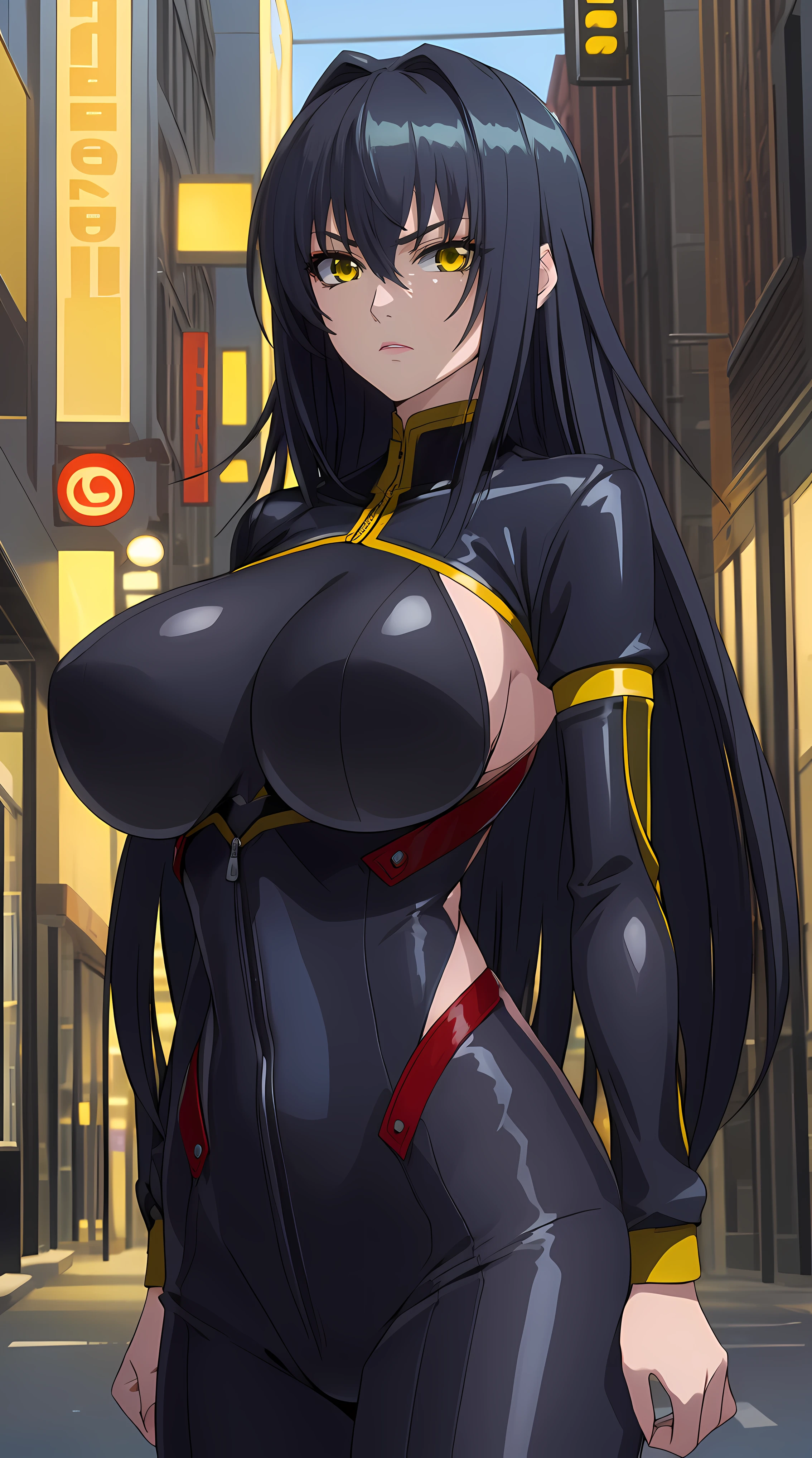 Annerose, 1girl, female mature, black hair, long hair, yellow eyes, large breasts, skin tight, hair intakes, (exquisite character details, beautiful lips, beautiful yellow eyes, beautiful face, beautiful and properly clothed), extremely detail unity 8k wallpaper, (solo:1.5), extremely detail downtown, in the middle of downtown, (bodysuit, fully suited, closed clothes)