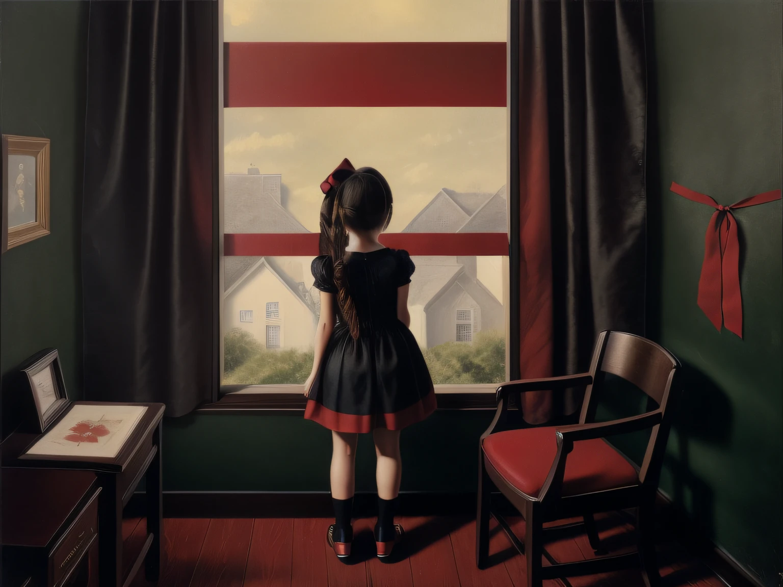 lostgirls, a painting of the back of a girl in a red dress with black shoes looking out of a window in a tiny room with ribbons hanging from the ceiling