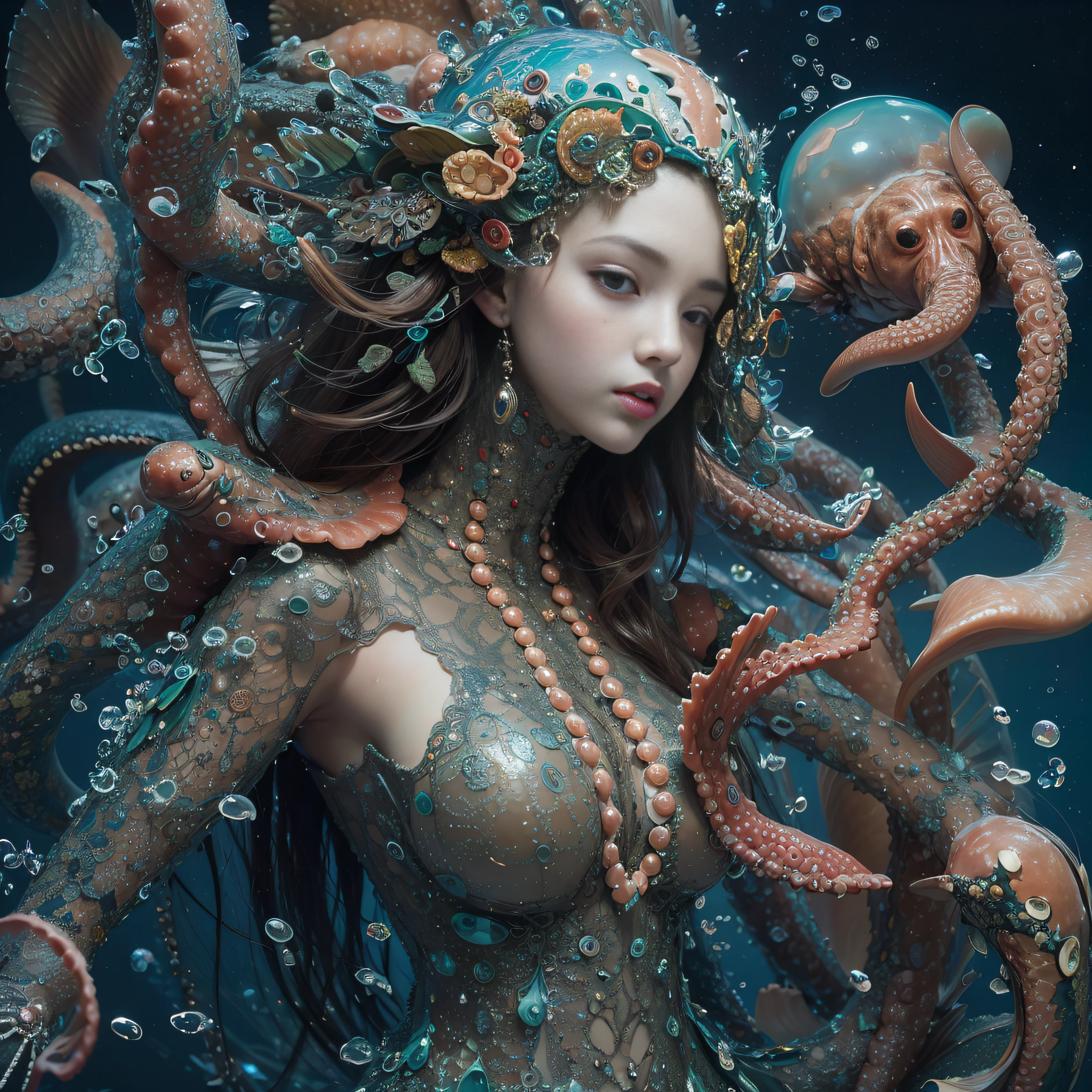 Masterpiece,(mermaids),face,Fish body,The figure is awesome,(Octopus antennae hair),((Deep under the dark seabed))、((Glowing jellyfish))、Beautiful coral reef、The fish,Lots of details,ultraclear,Movie quality,(high quality),black light art