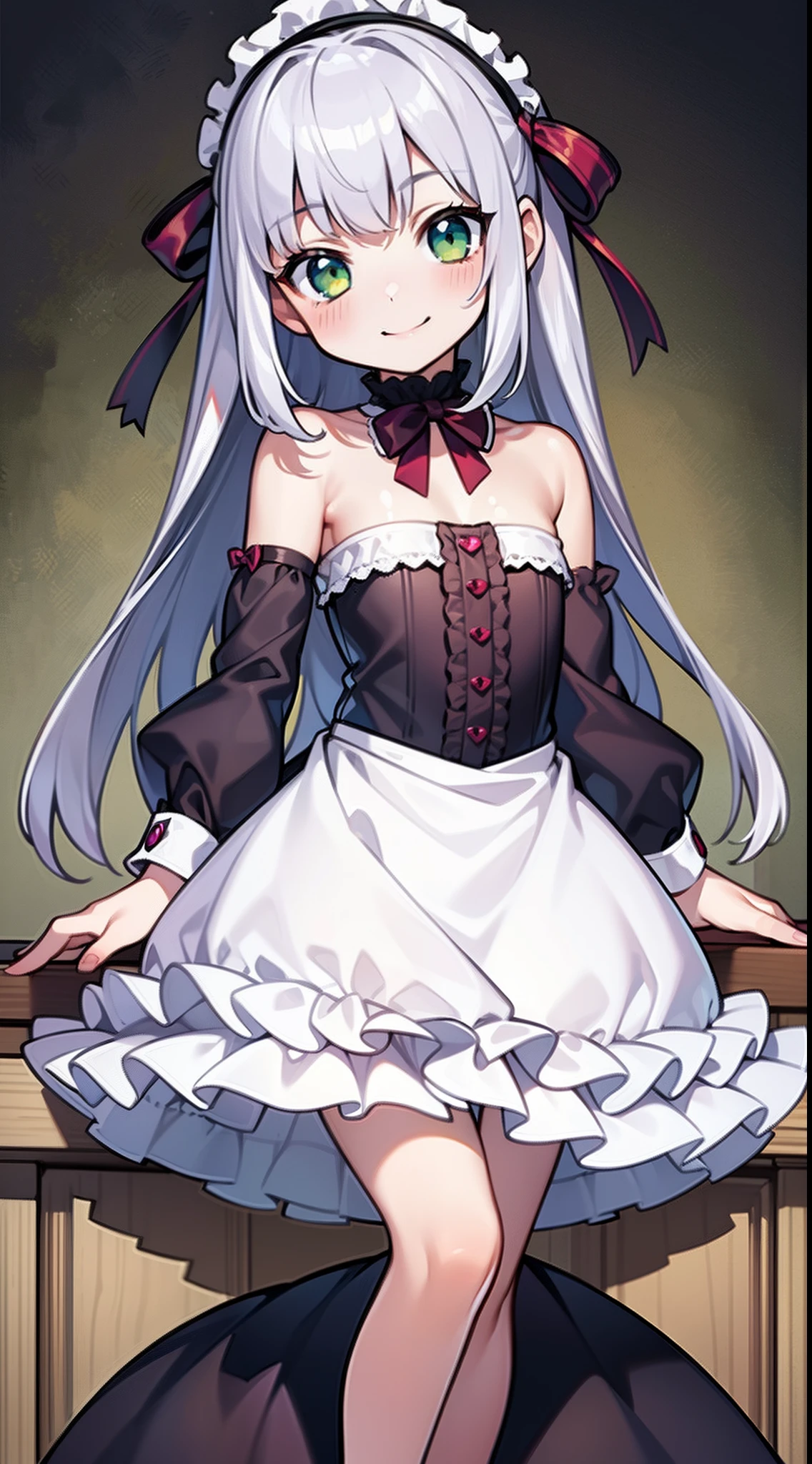 masterpiece,best quality,ultra detailed,8k,solo,petit girl,8 ,flat chest,smaller female,silver hair,long hair,straight hair,green eyes,smile,blush,Lolita fashion