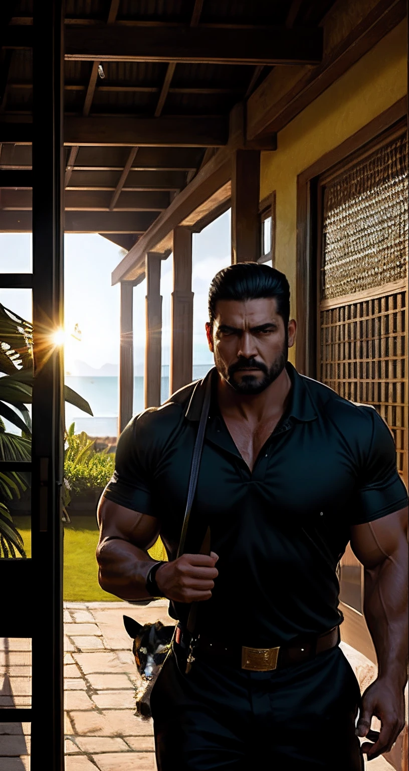rays of sunshine,Outside the bungalow,A man of strong build,Tough face shape,grim eyes,Lead the dog,realisticlying,photorealestic,tmasterpiece,HD Sharp