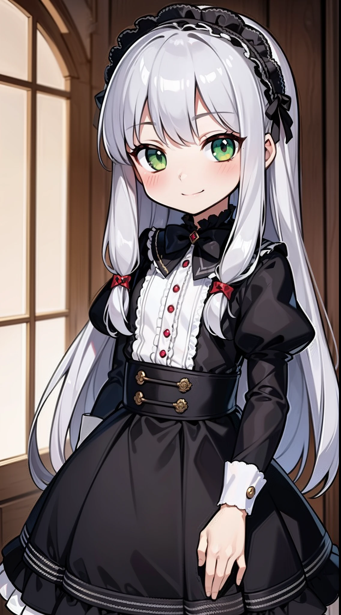 masterpiece,best quality,ultra detailed,8k,solo,petit girl,8 ,flat chest,smaller female,silver hair,long hair,straight hair,green eyes,smile,blush,Lolita fashion