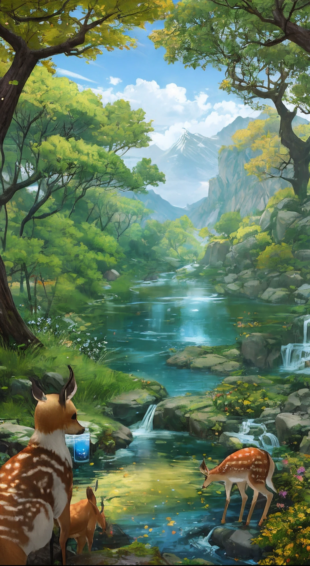 Chinese Antiquity、springtime、jungles、lakes、hole in the mountains、waterfallr,The tree、grassy fields、Rochas、fawn、hot onsen、hydrosphere、(illustratio:1.0)、Epic composition、Realistic lighting、high definition detail、tmasterpiece、Best quality,(非常详细的 CG 统一 8k 壁纸)、Fawns drink water