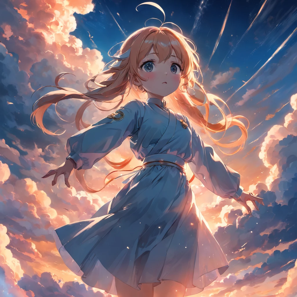 tmasterpiece，best qualtiy，cinematic Film still from，1girll，Cloud Girl，Floating in the sky，closeup cleavage，brightly，cheerfulness，Warm and soft lighting，the sunset，（spark of light：0.7）。
